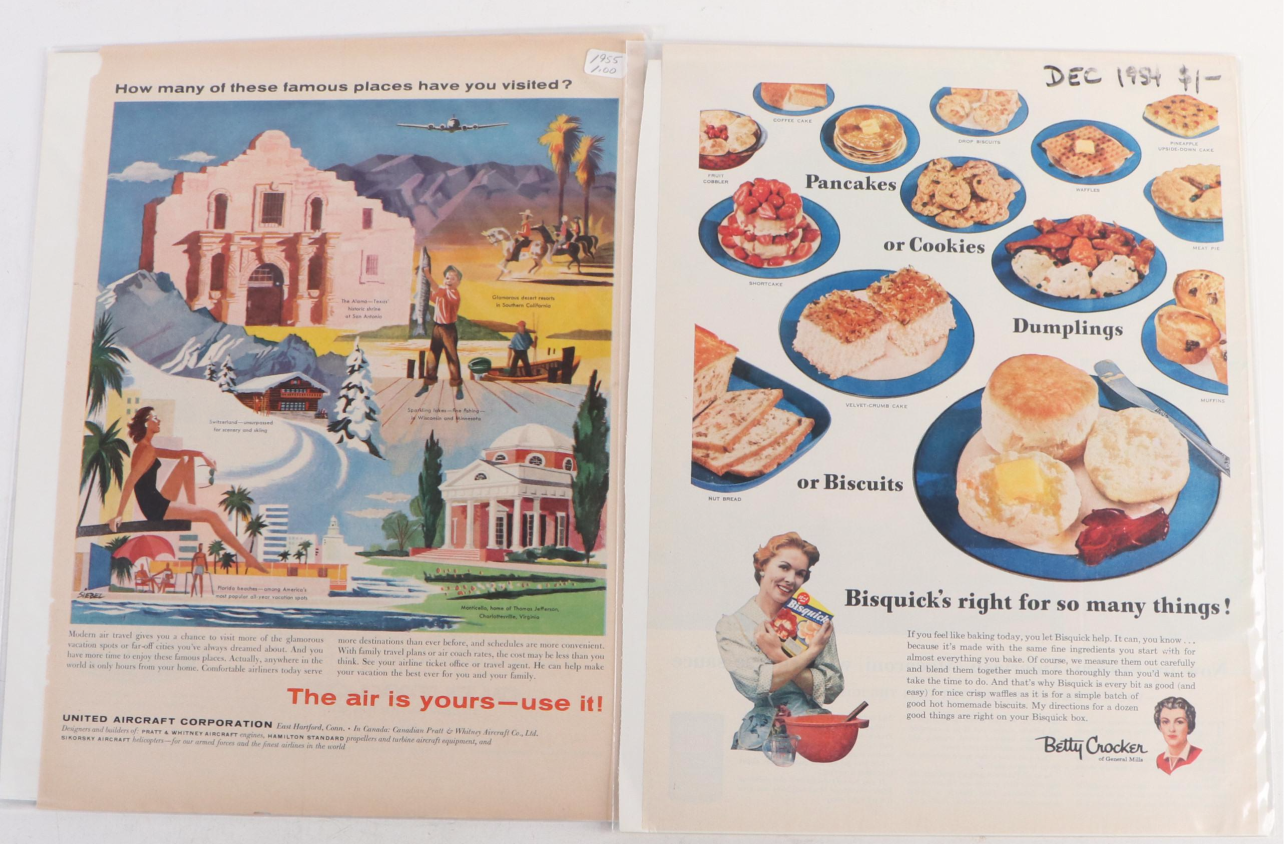 Cadillac, Betty Crocker, Kellogg's and Other Magazine Pages, Mid-20th Century