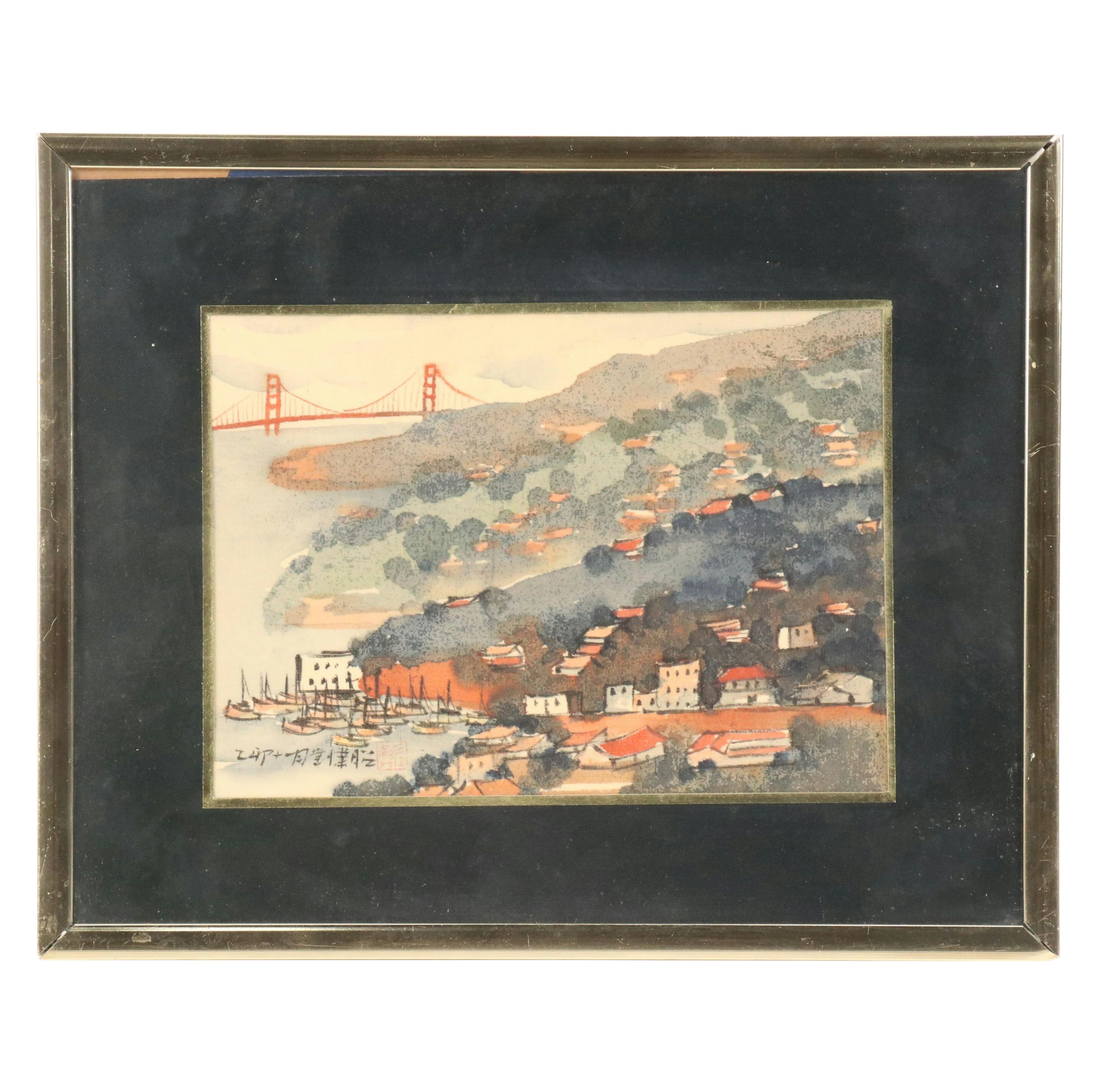 James Yeh-Jau Liu Watercolor on Silk on San Francisco Bay, Mid-20th Century