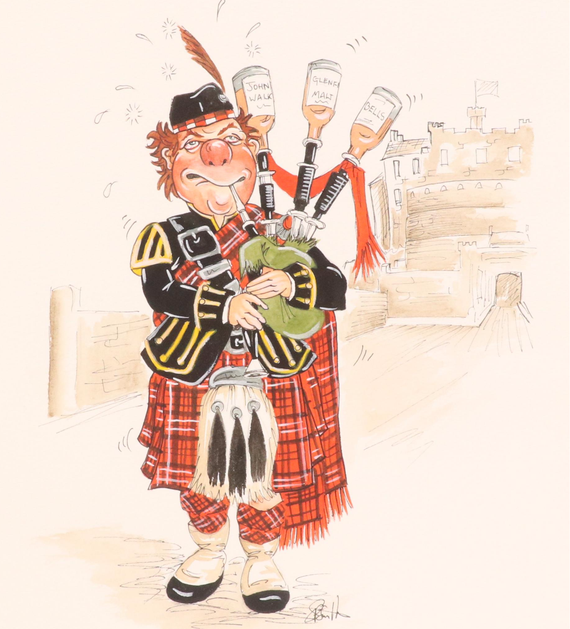 Mixed Media Illustration "The Scottish Piper," 21st Century