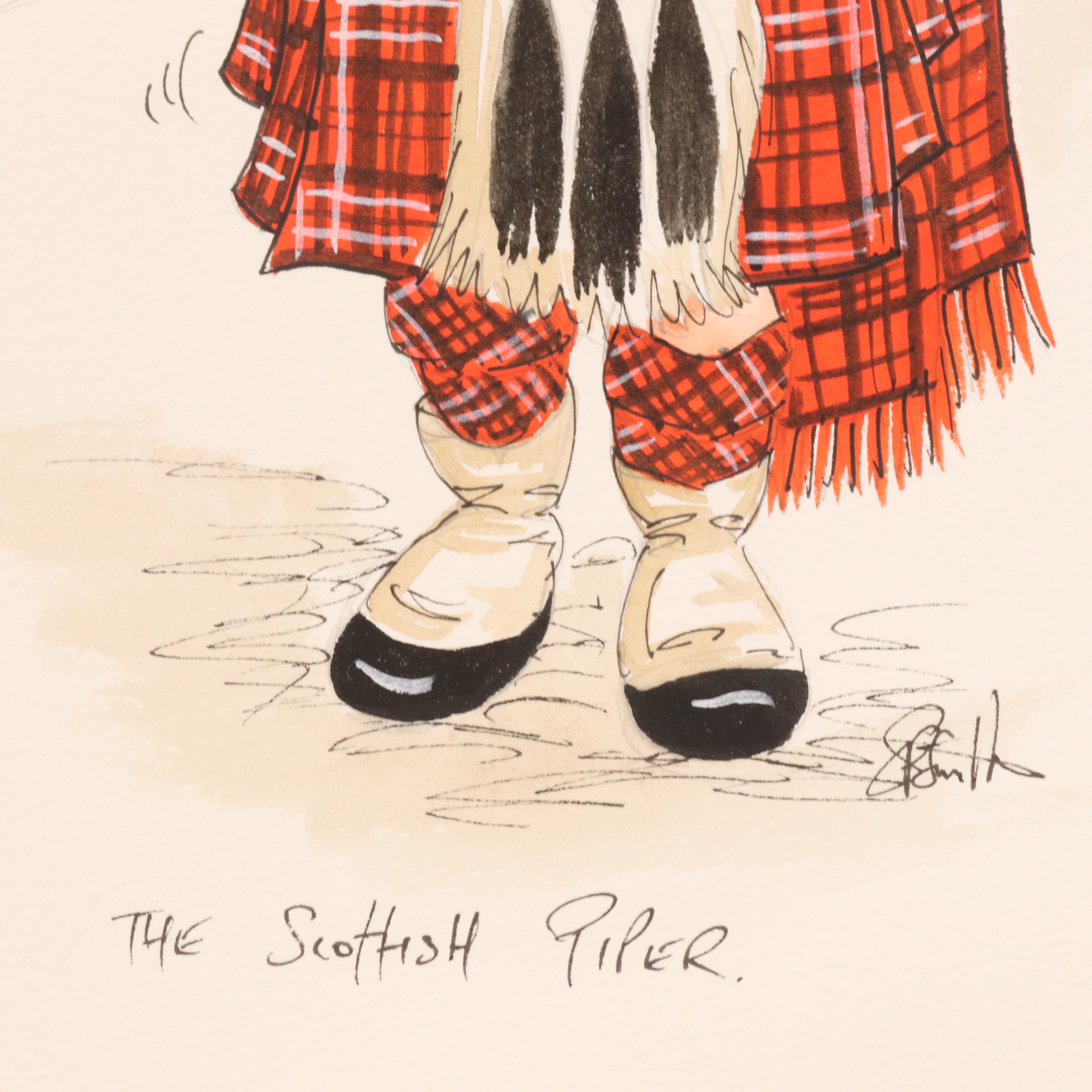 Mixed Media Illustration "The Scottish Piper," 21st Century