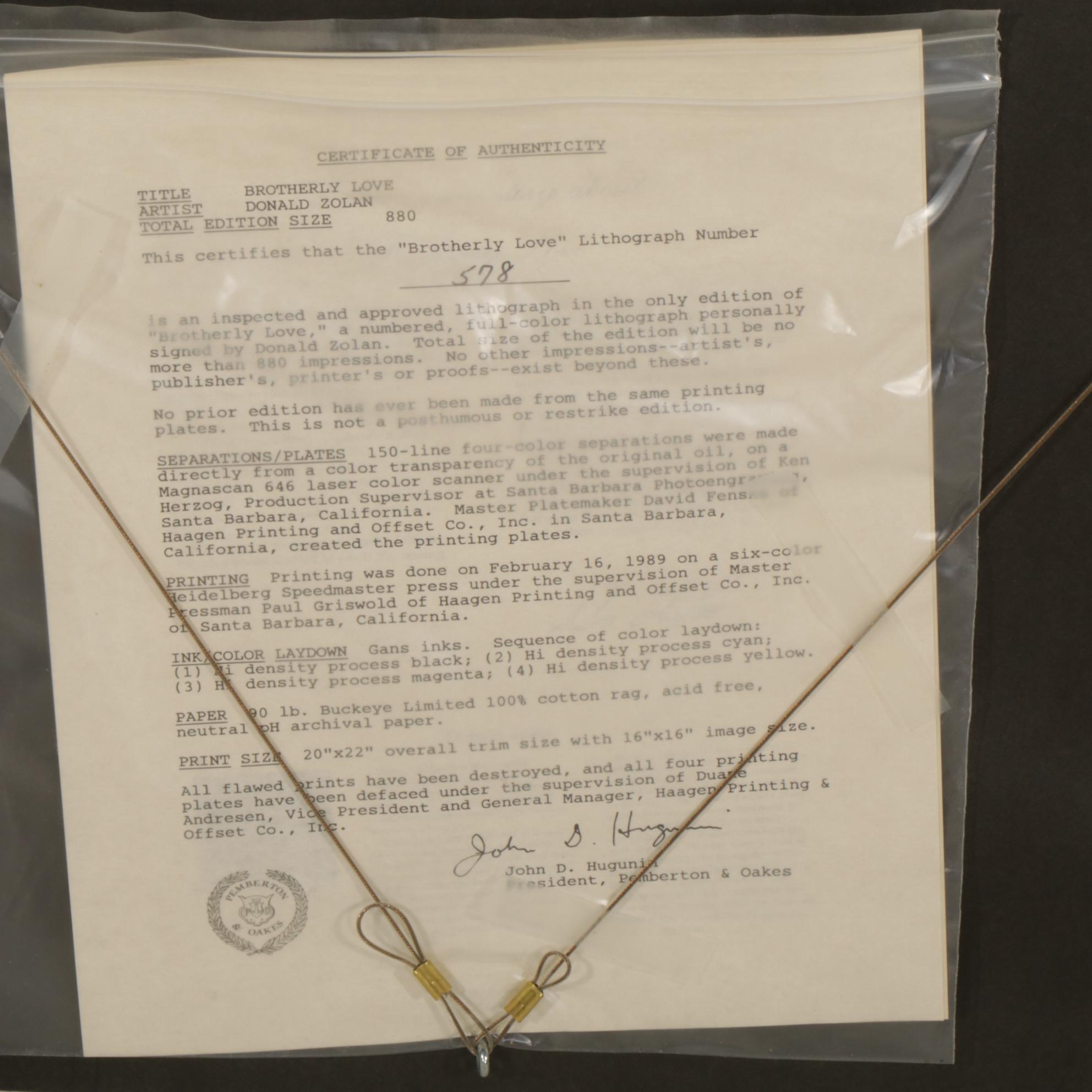 Donald Zolan "Brotherly Love" Offset Lithograph, 1989