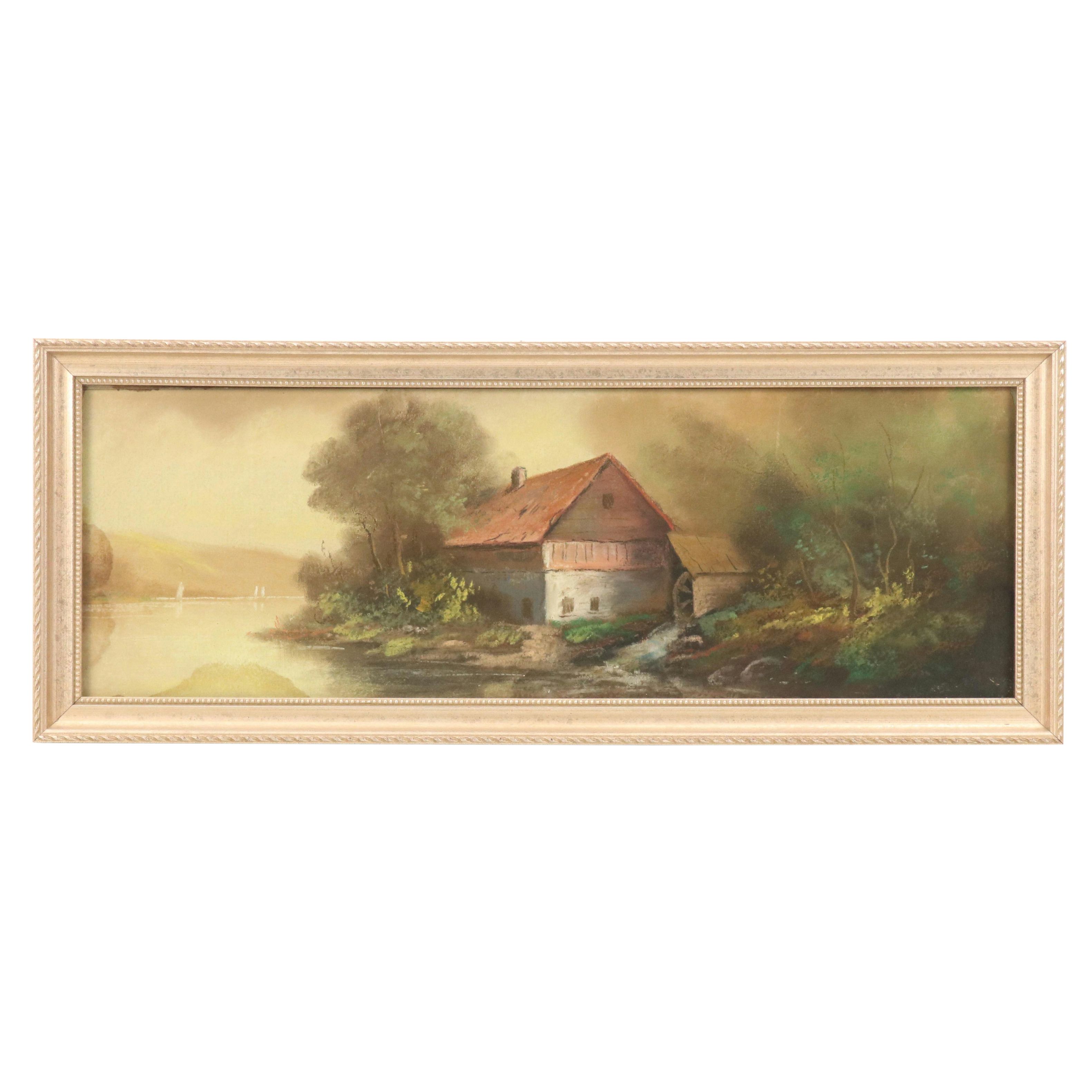 Chalk Pastel Landscape Drawing of Riverside Cabin with Water Wheel
