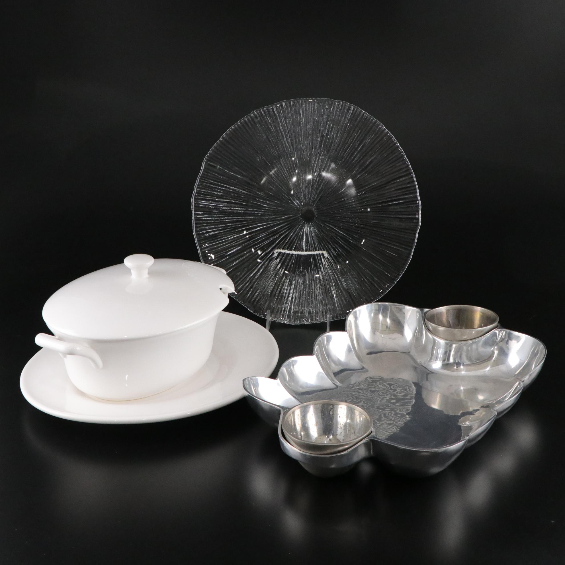 Euro Ceramica Tureen and Underplate with Aluminum Chip and Dip and Glass Platter
