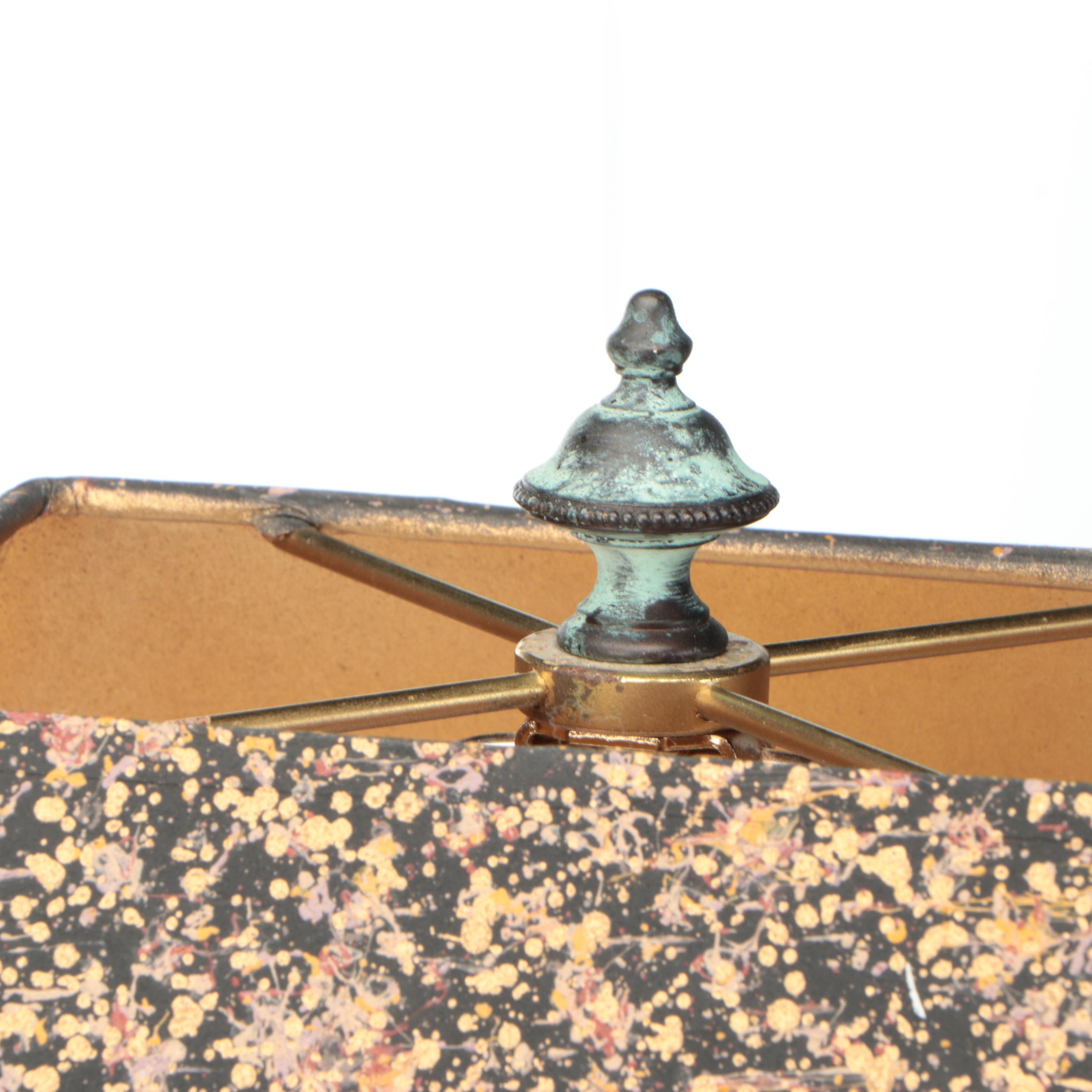 Bronze Children Swinging Figural Table Lamp with Cooper Stipple-Painted Shade