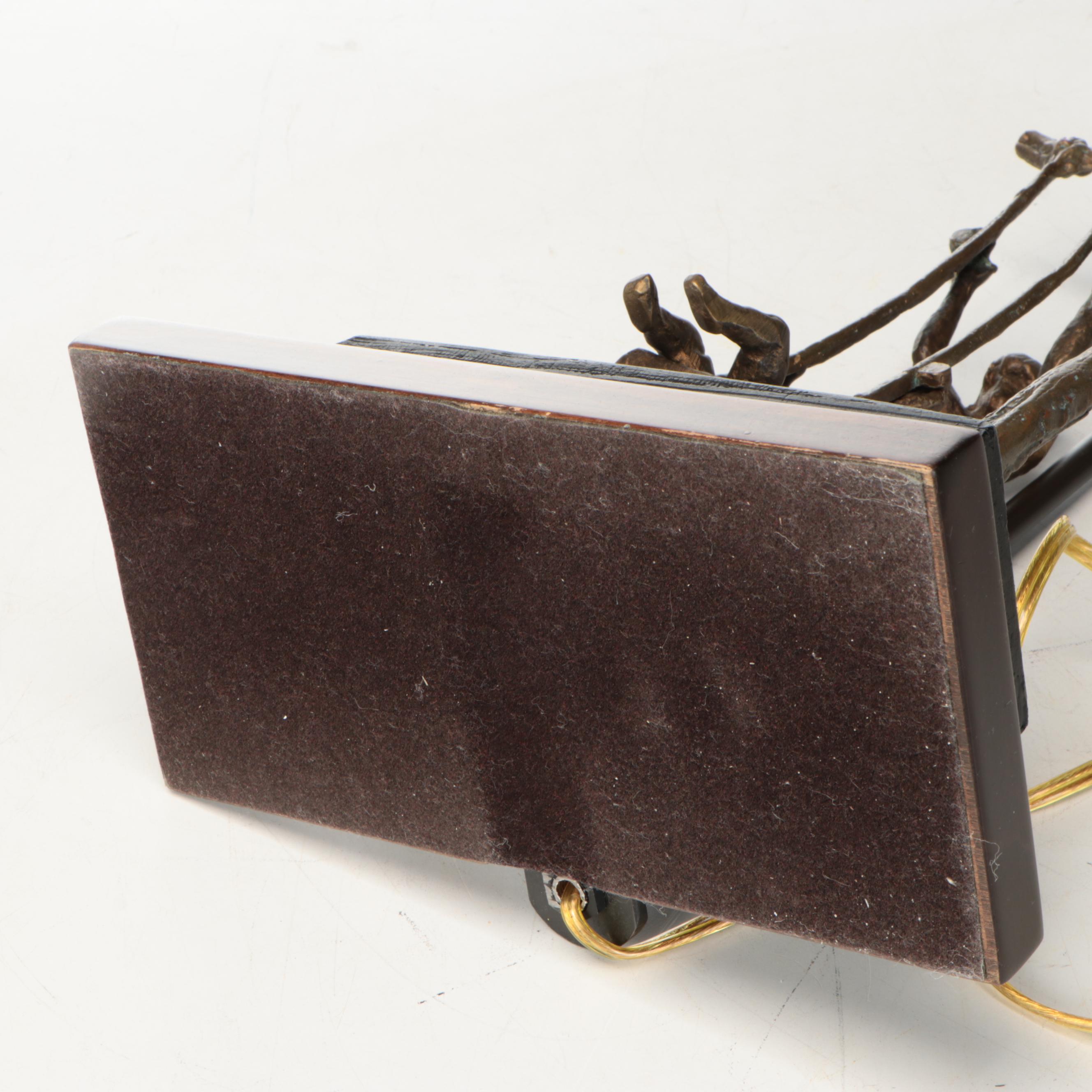 Bronze Children Swinging Figural Table Lamp with Cooper Stipple-Painted Shade