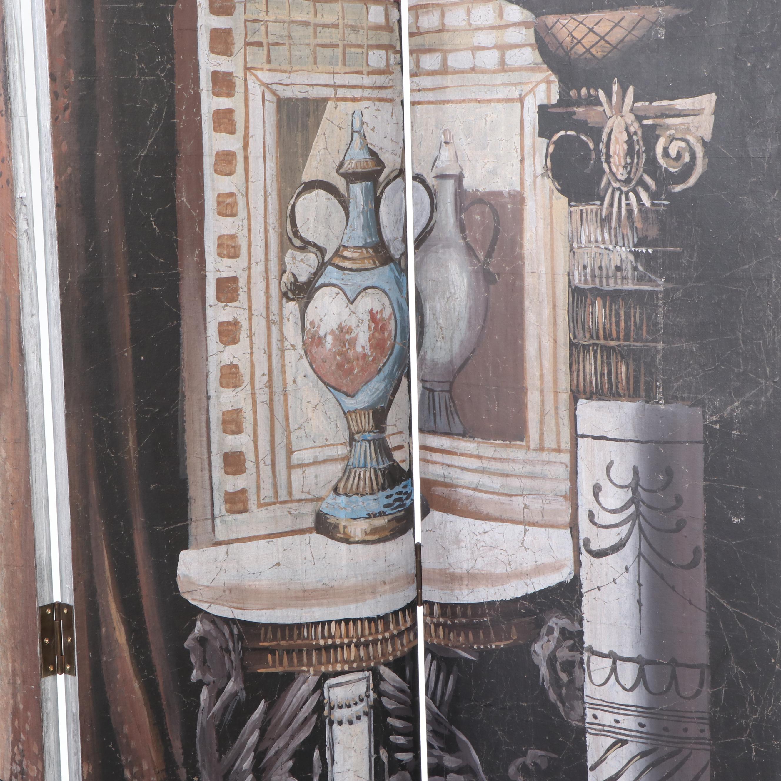 Painted Four-Panel Folding Room Screen with Interior Room Image