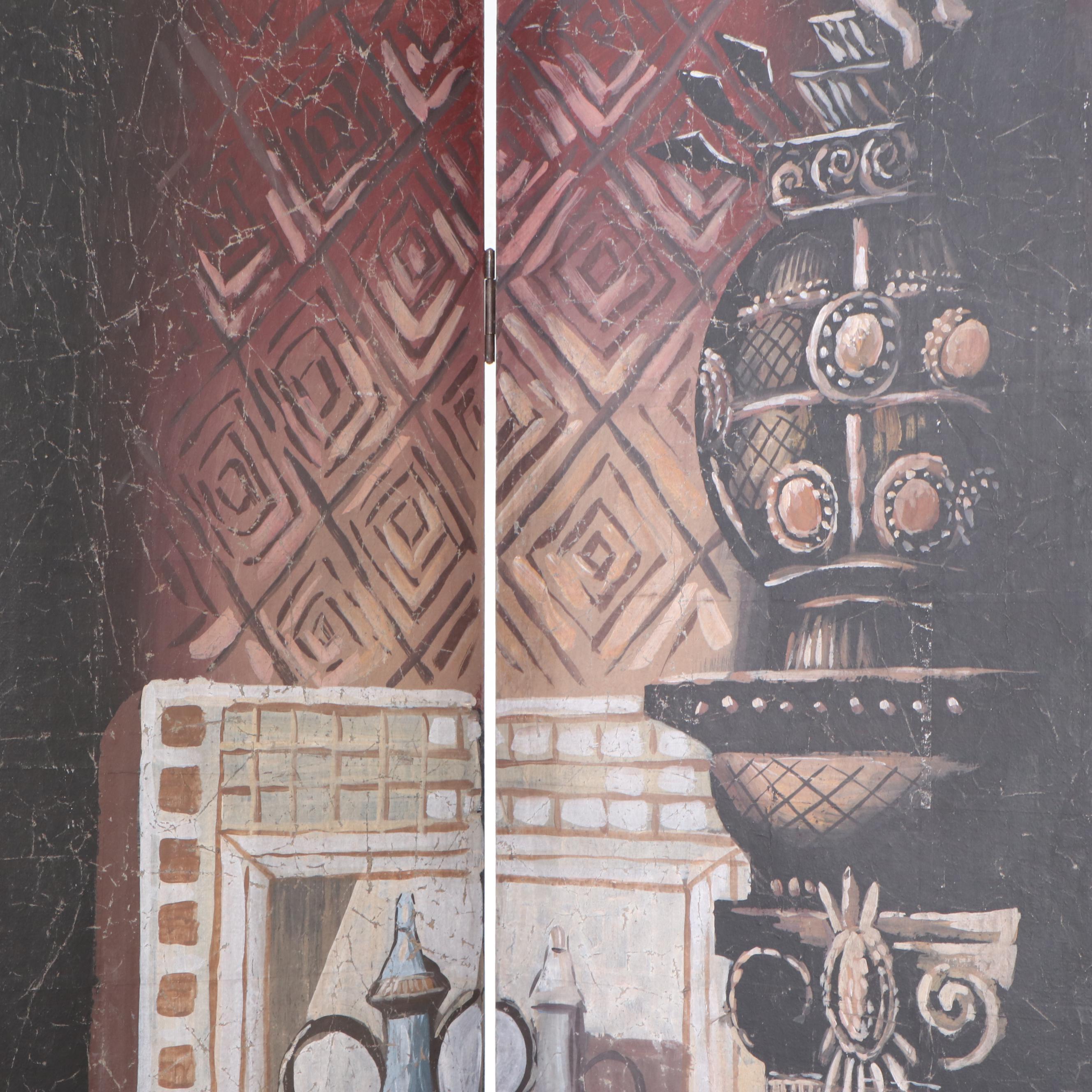 Painted Four-Panel Folding Room Screen with Interior Room Image