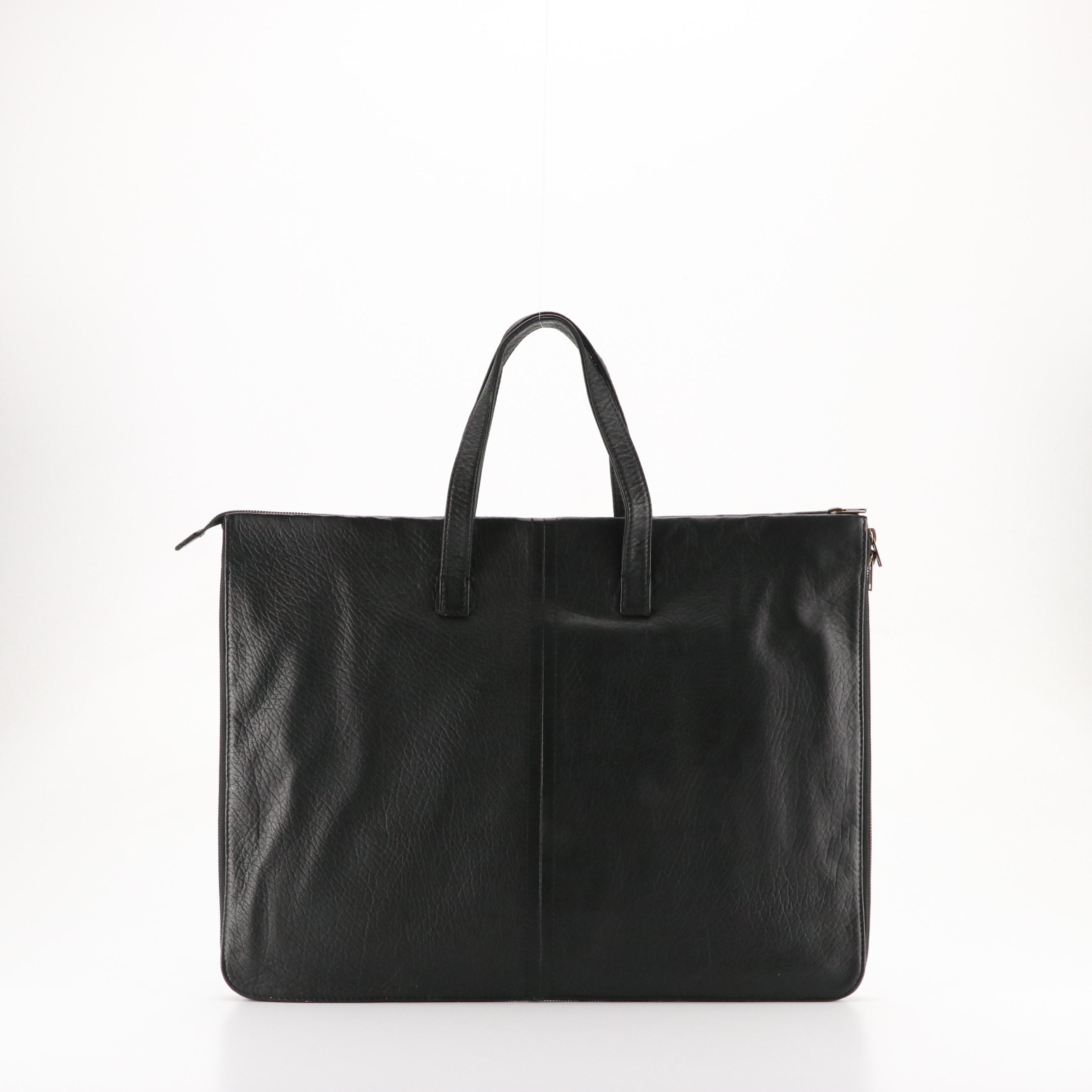 Emporio Armani Large Zip-Around Work Bag in Black Grained Leather