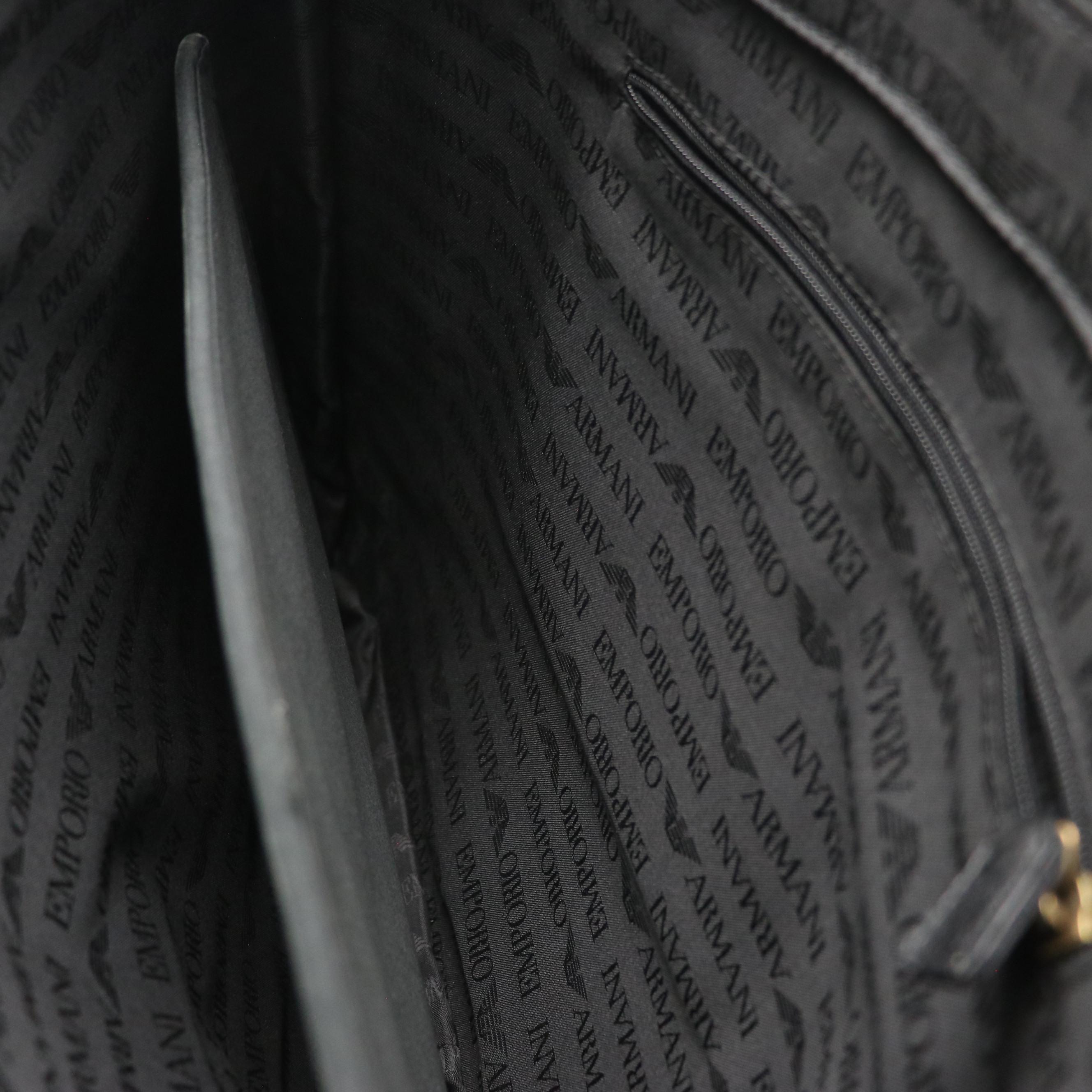 Emporio Armani Large Zip-Around Work Bag in Black Grained Leather