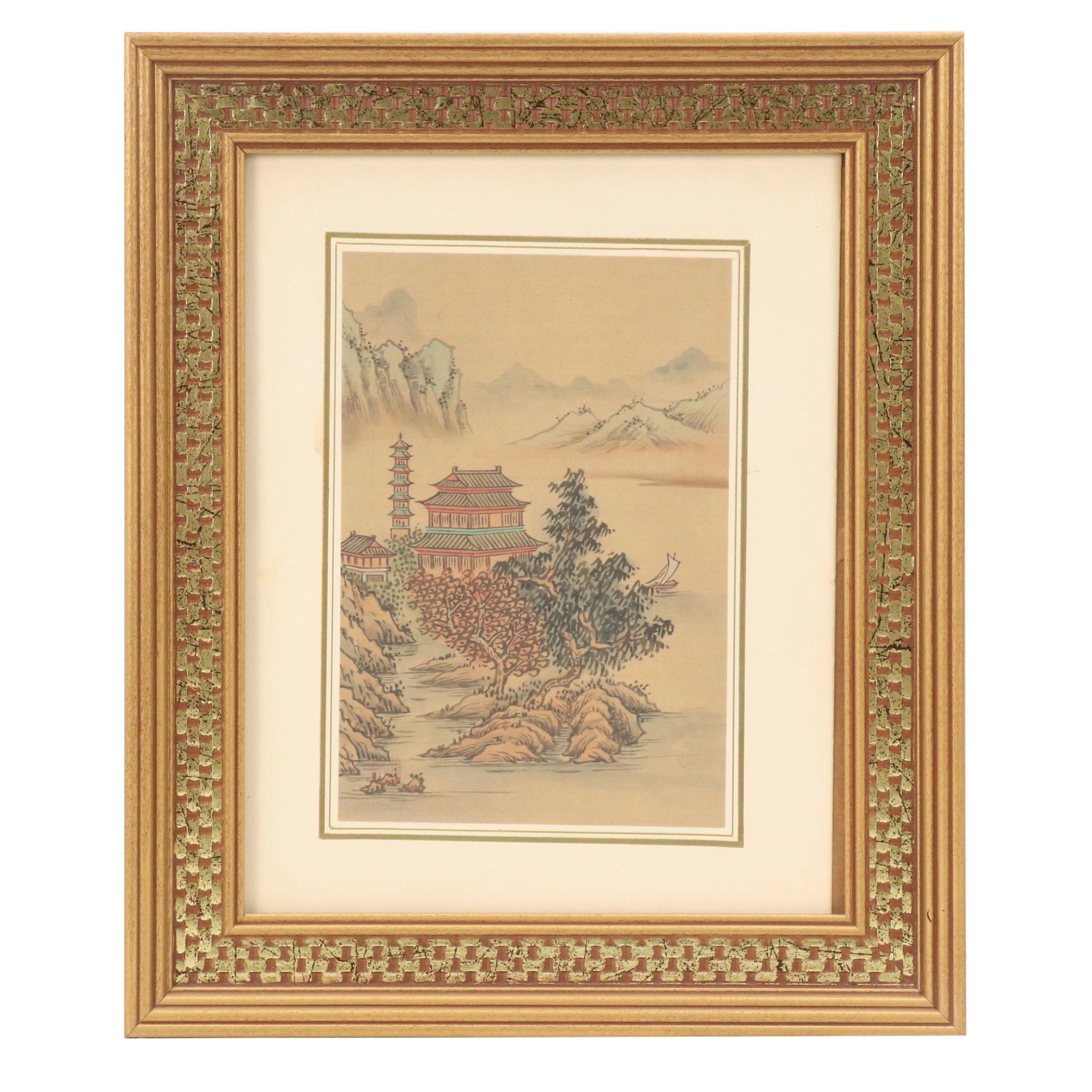 Chinese School Watercolor Landscape Painting of Tower with Trees, 20th Century