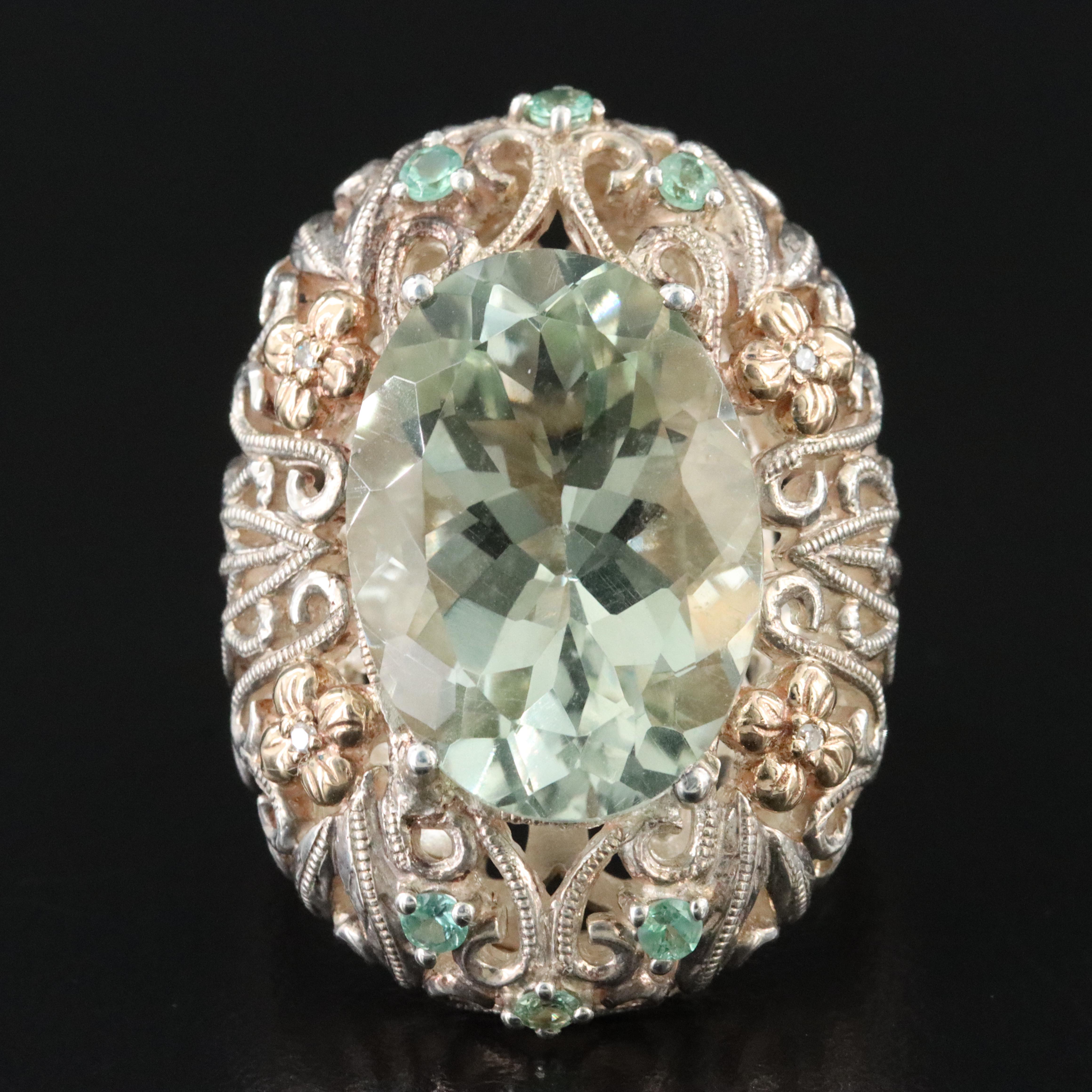 Sterling Praisiolite and Blue Topaz Ring with 14K Accents
