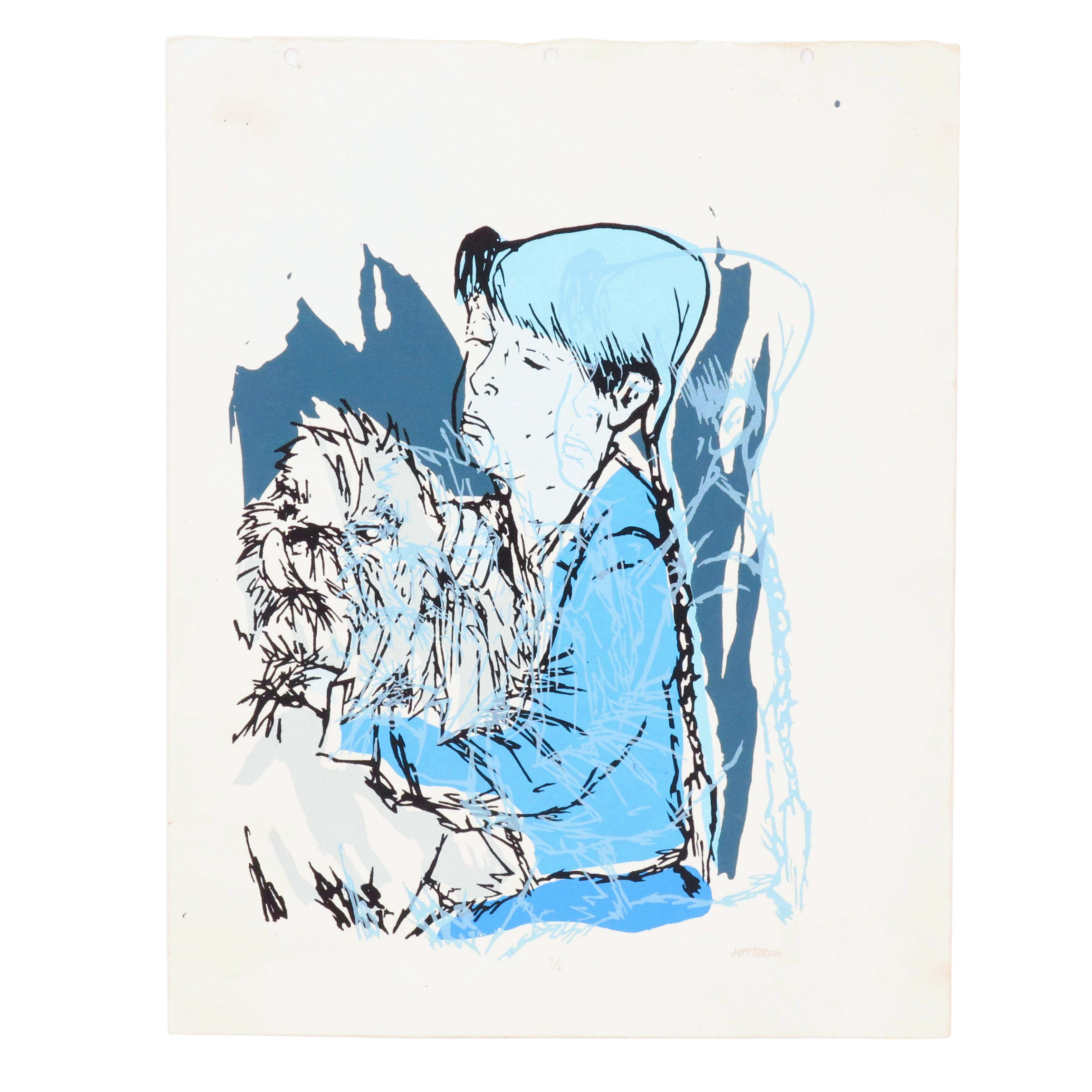 Monotone Blue Serigraph of Girl with Dog, Late 20th C.