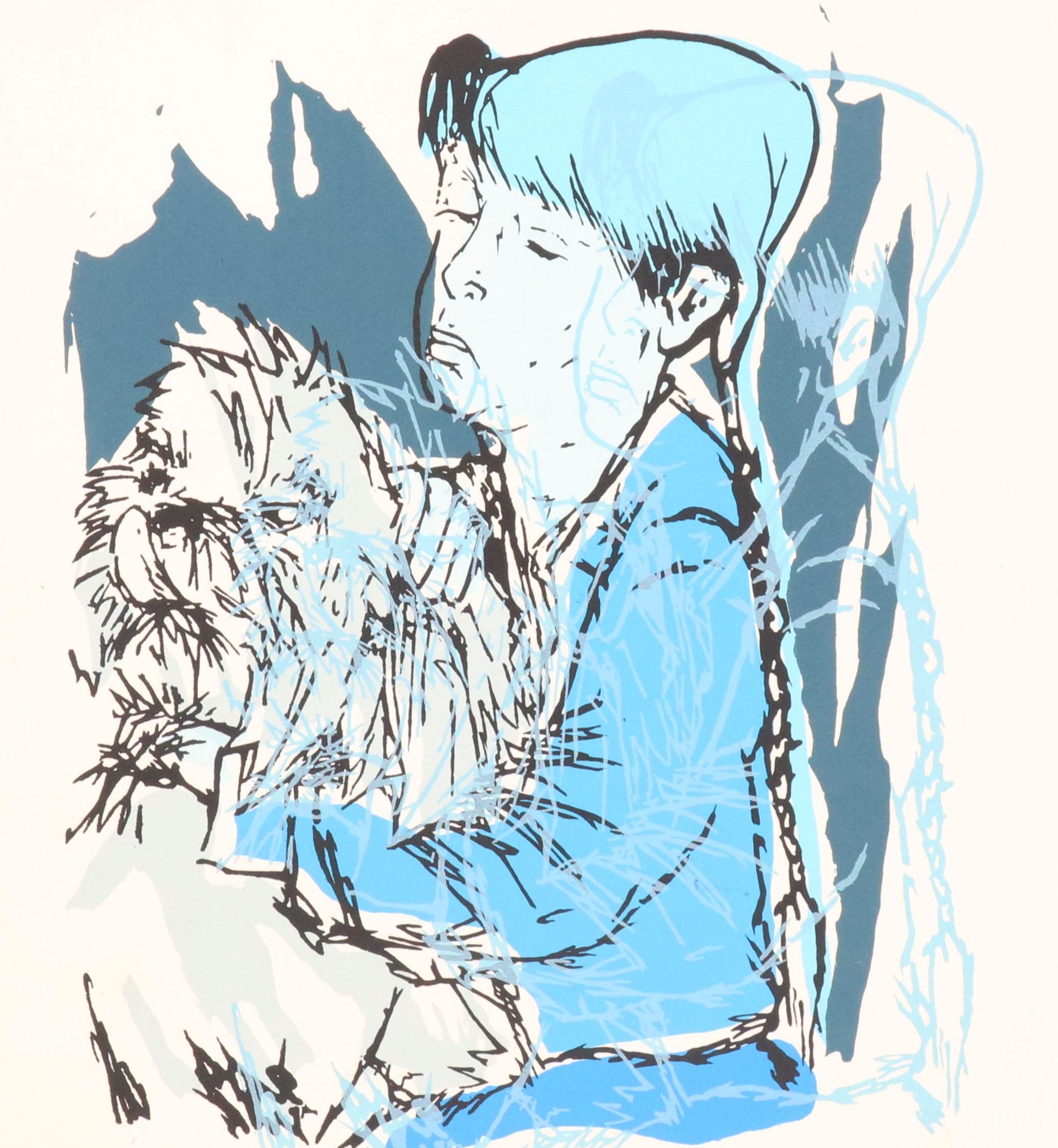 Monotone Blue Serigraph of Girl with Dog, Late 20th C.