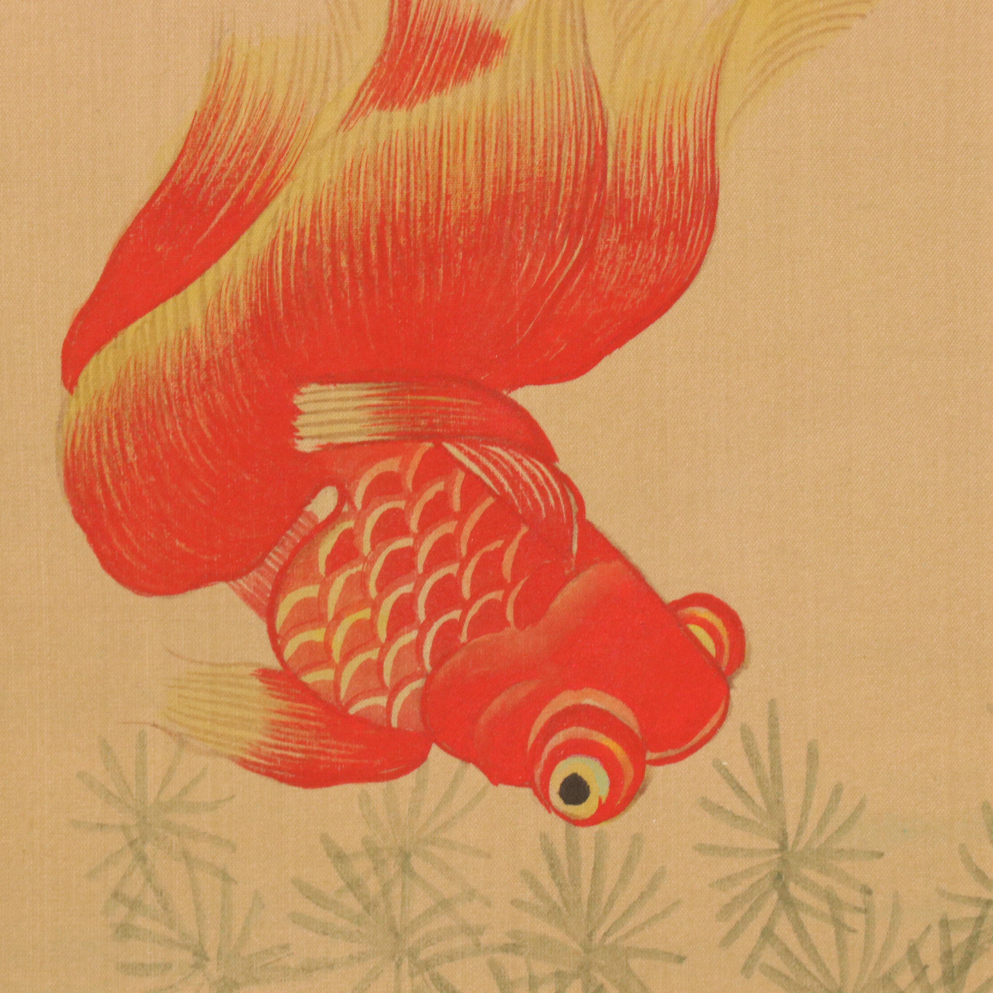 Chinese School Gouache Painting on Silk of Goldfish and Minnows
