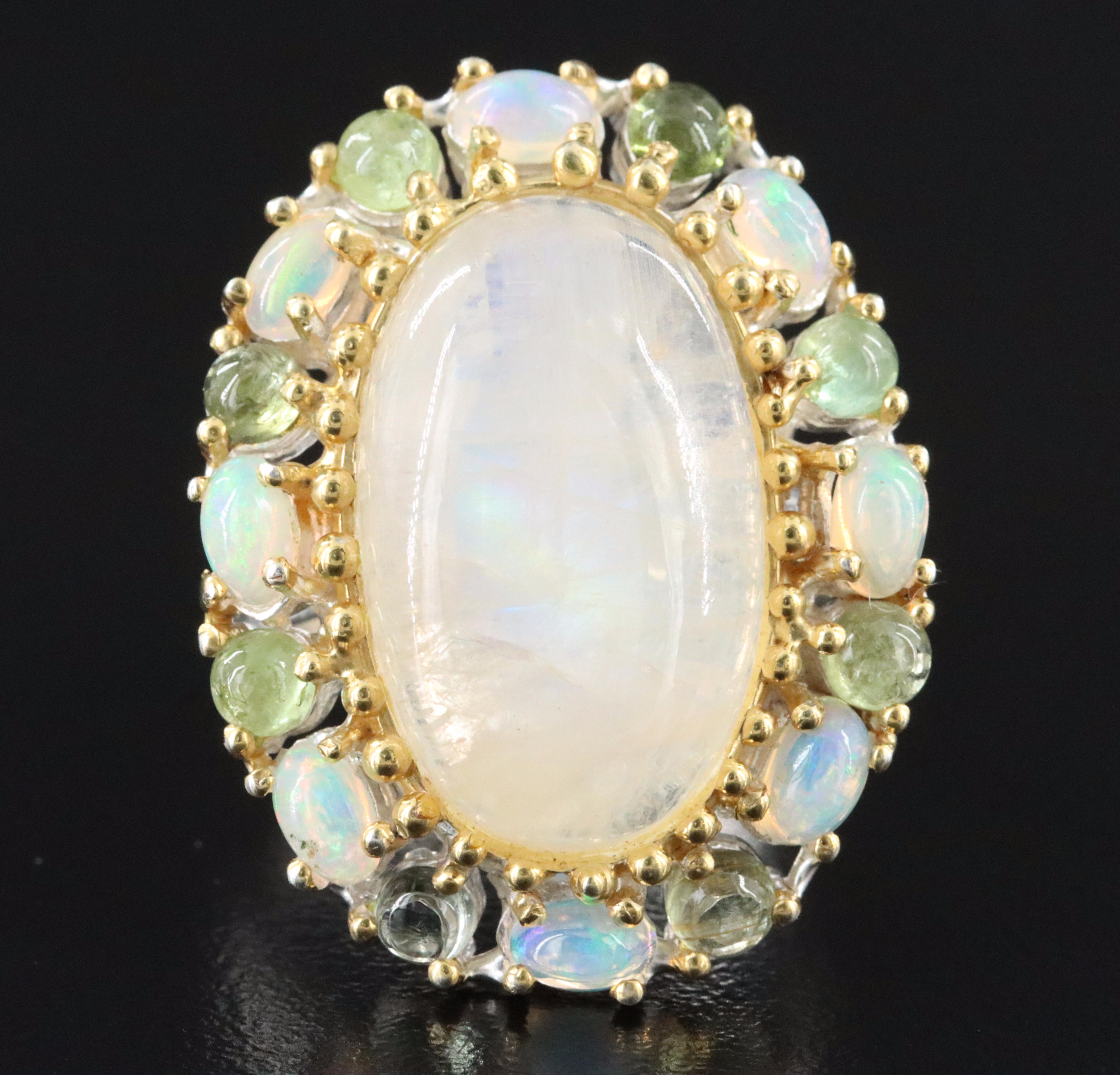 Sterling Gemstone Ring with a Rainbow Moonstone Center