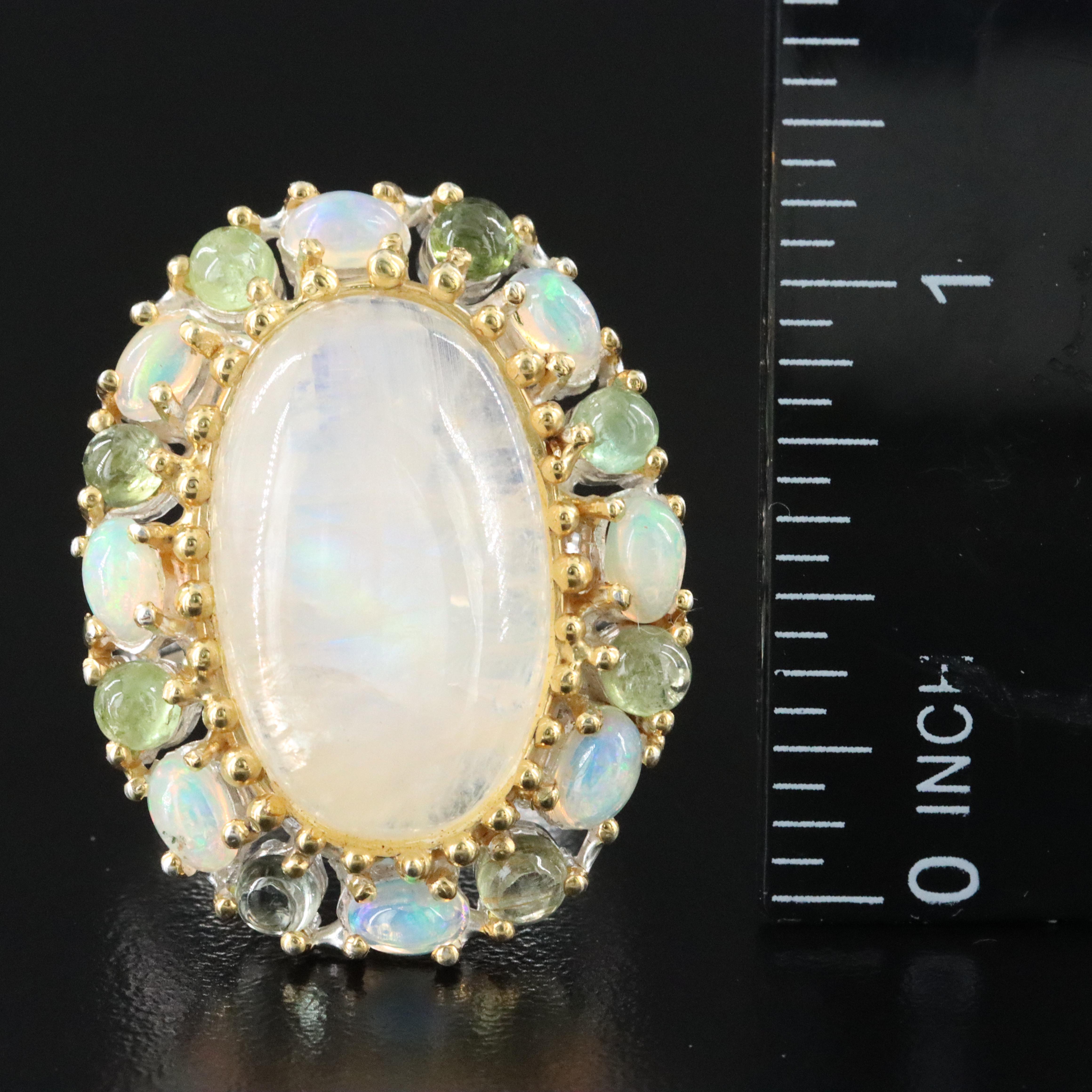 Sterling Gemstone Ring with a Rainbow Moonstone Center