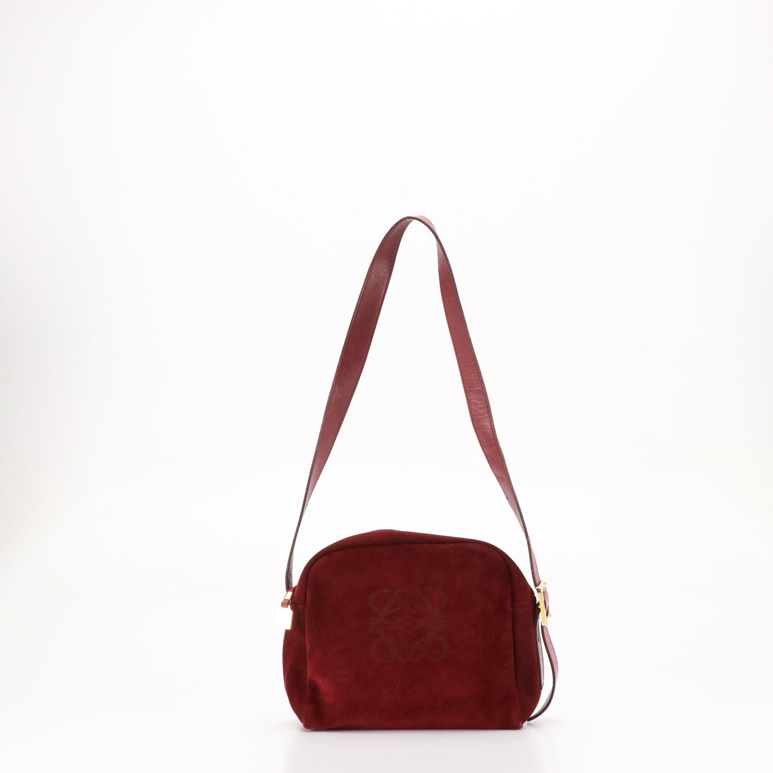 Loewe Anagram Shoulder Bag in Burgundy Suede and Leather