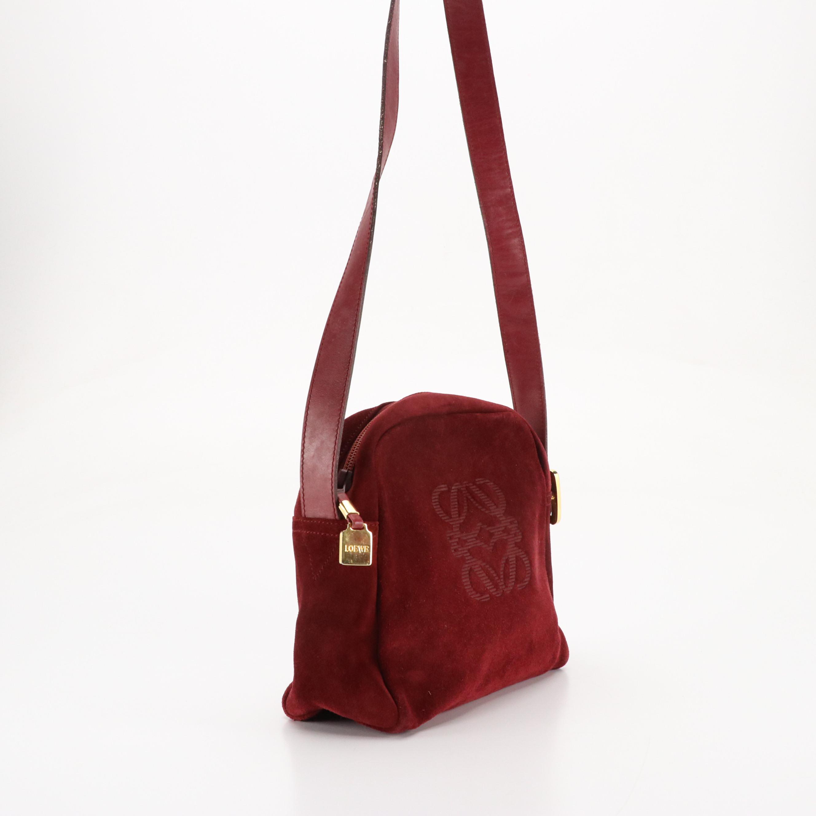 Loewe Anagram Shoulder Bag in Burgundy Suede and Leather