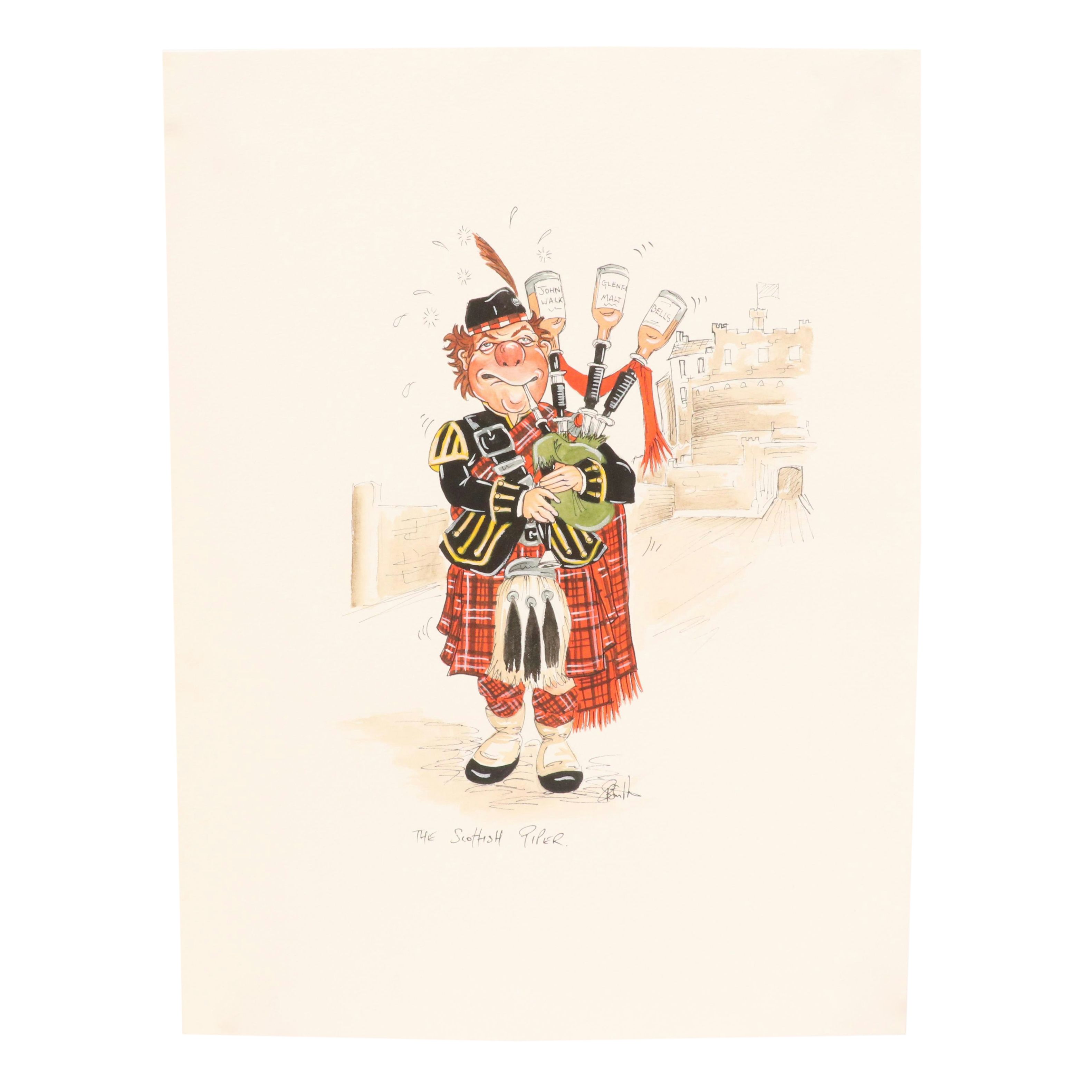 Mixed Media Illustration "The Scottish Piper," 21st Century