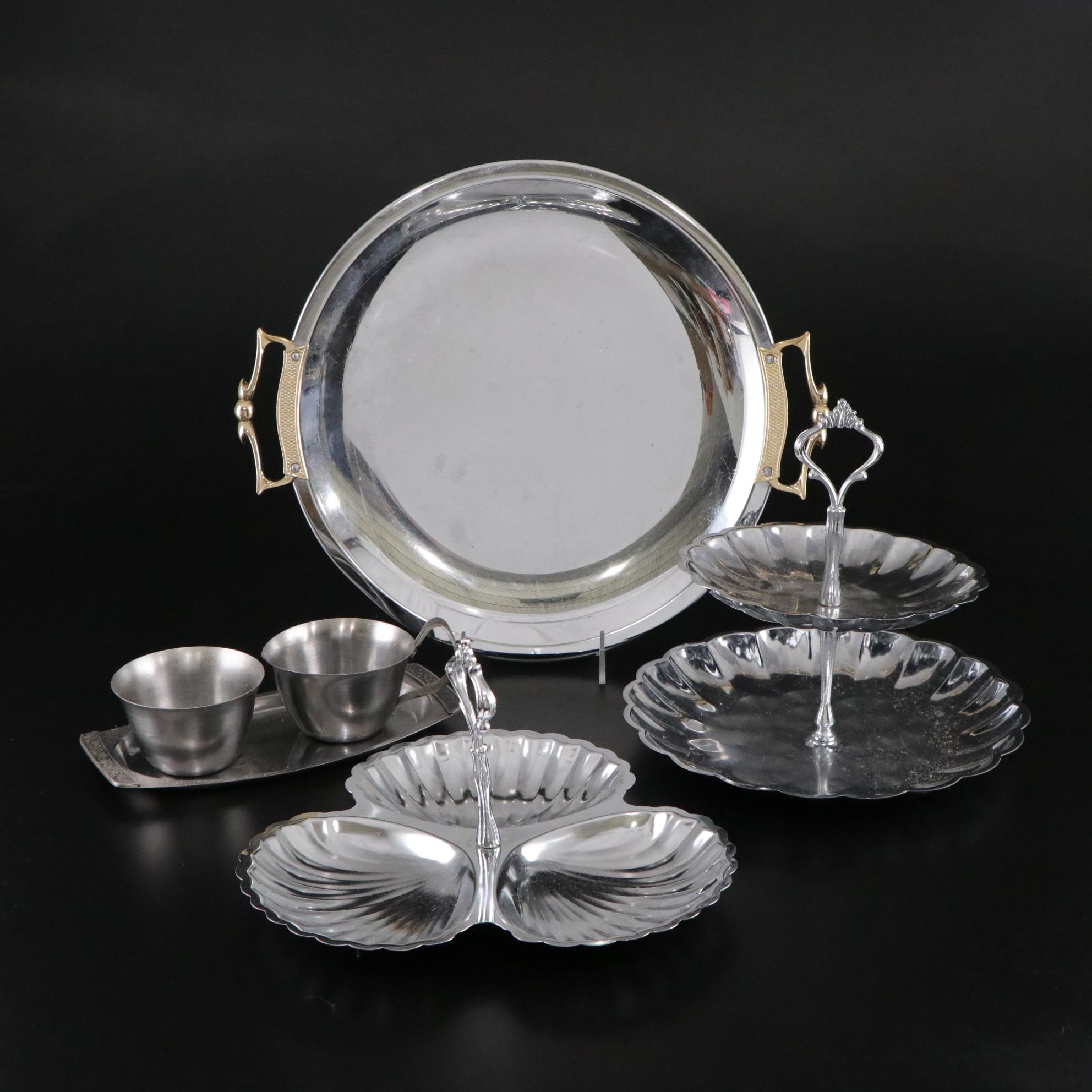 Mid Century Modern Steel Creamer and Sugar Set with Other Serveware