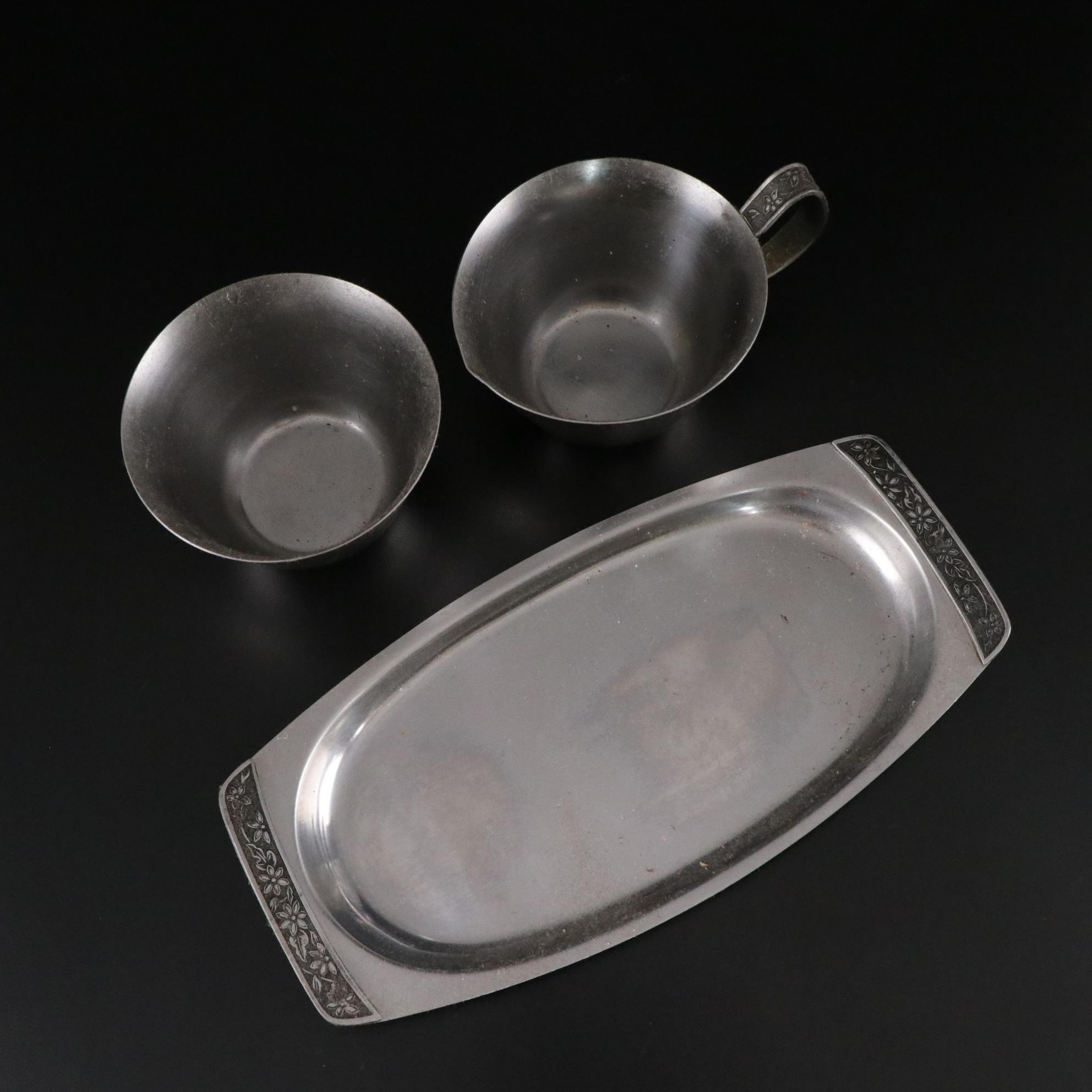 Mid Century Modern Steel Creamer and Sugar Set with Other Serveware