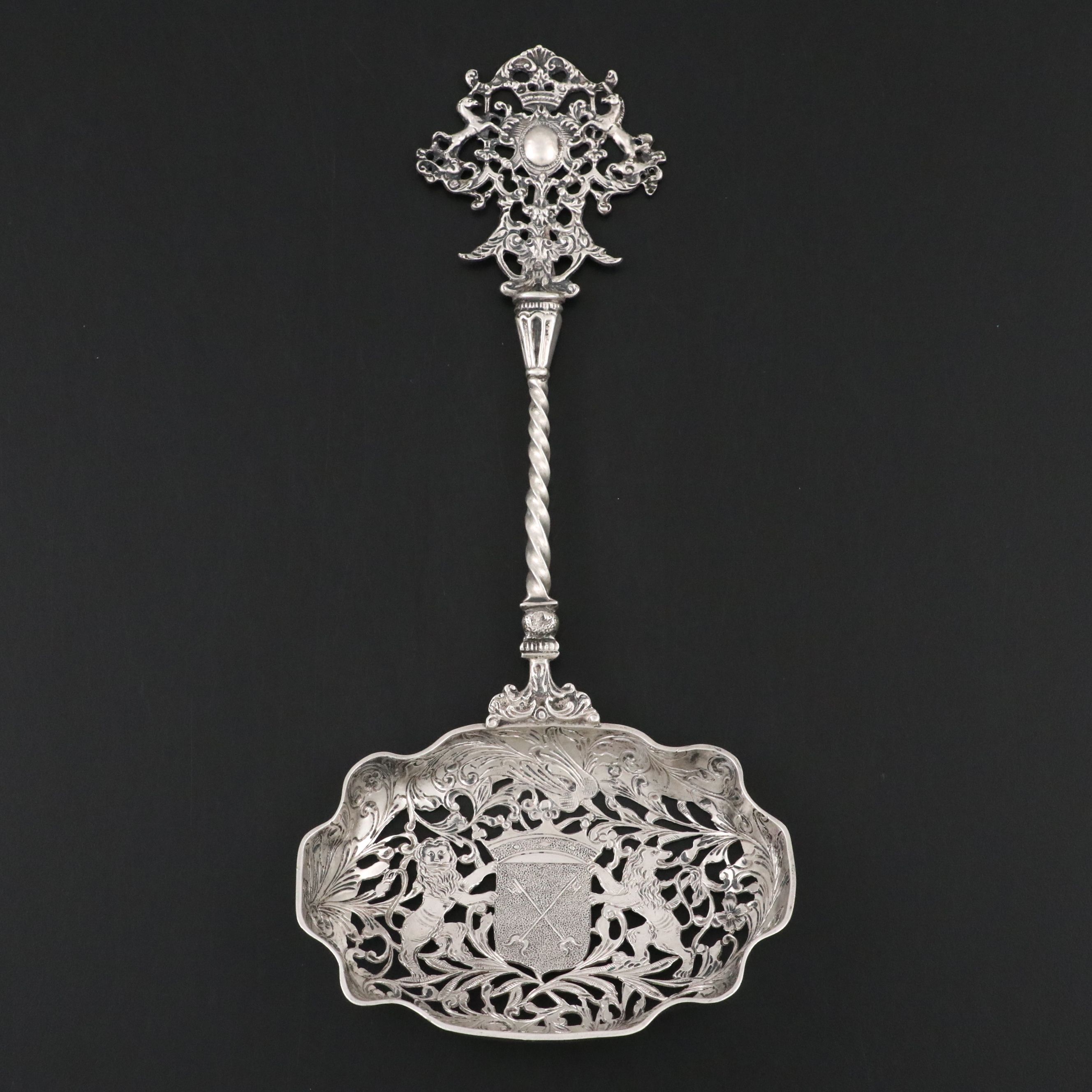 Continental 800 Silver Figural Pierced Serving Spoon, Late 19th Century