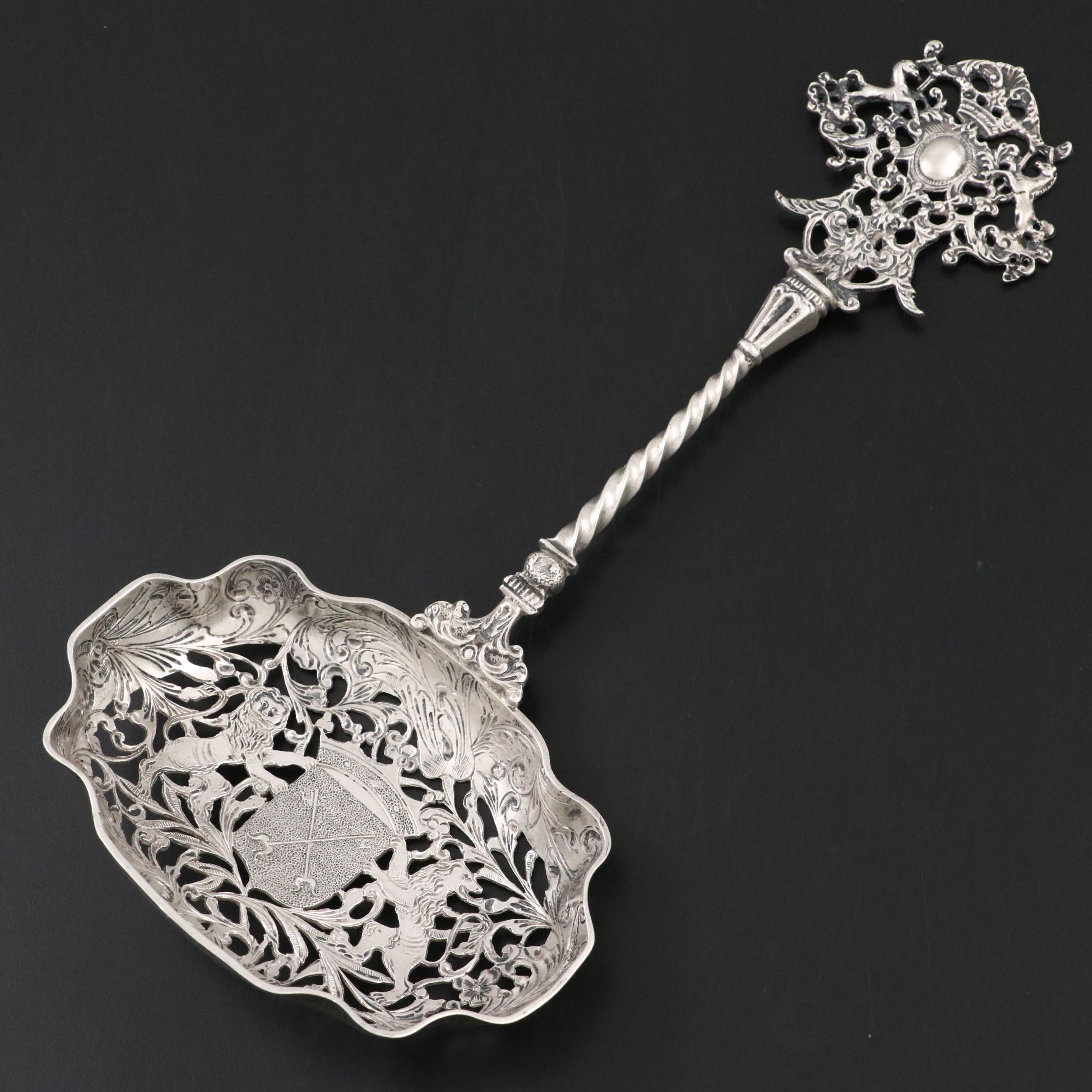 Continental 800 Silver Figural Pierced Serving Spoon, Late 19th Century