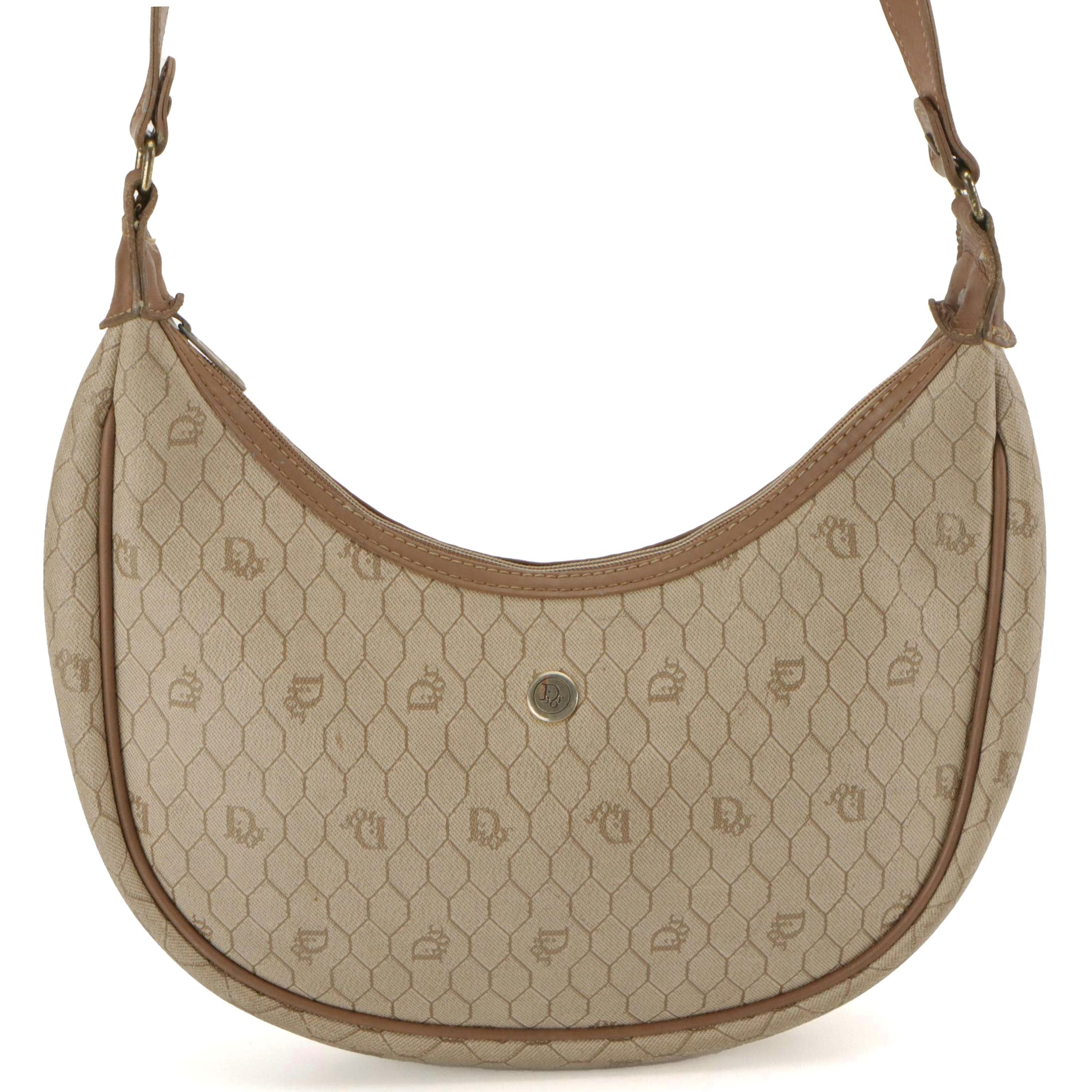 Christian Dior Half Moon Crossbody Bag in Beige Honeycomb Canvas and Leather