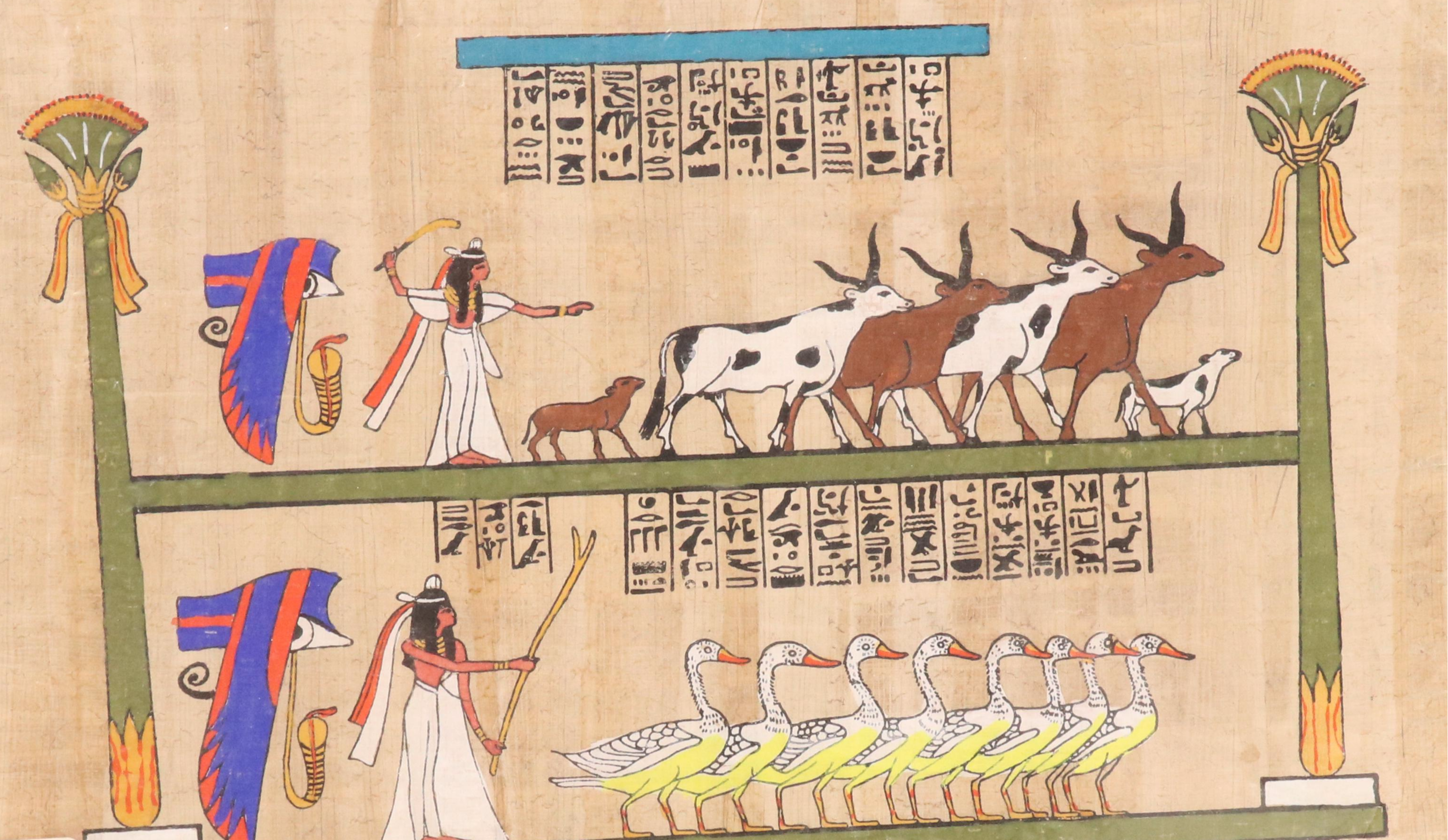 Egyptian Souvenir Gouache Paintings on Papyrus of Hathor, Horus, and More