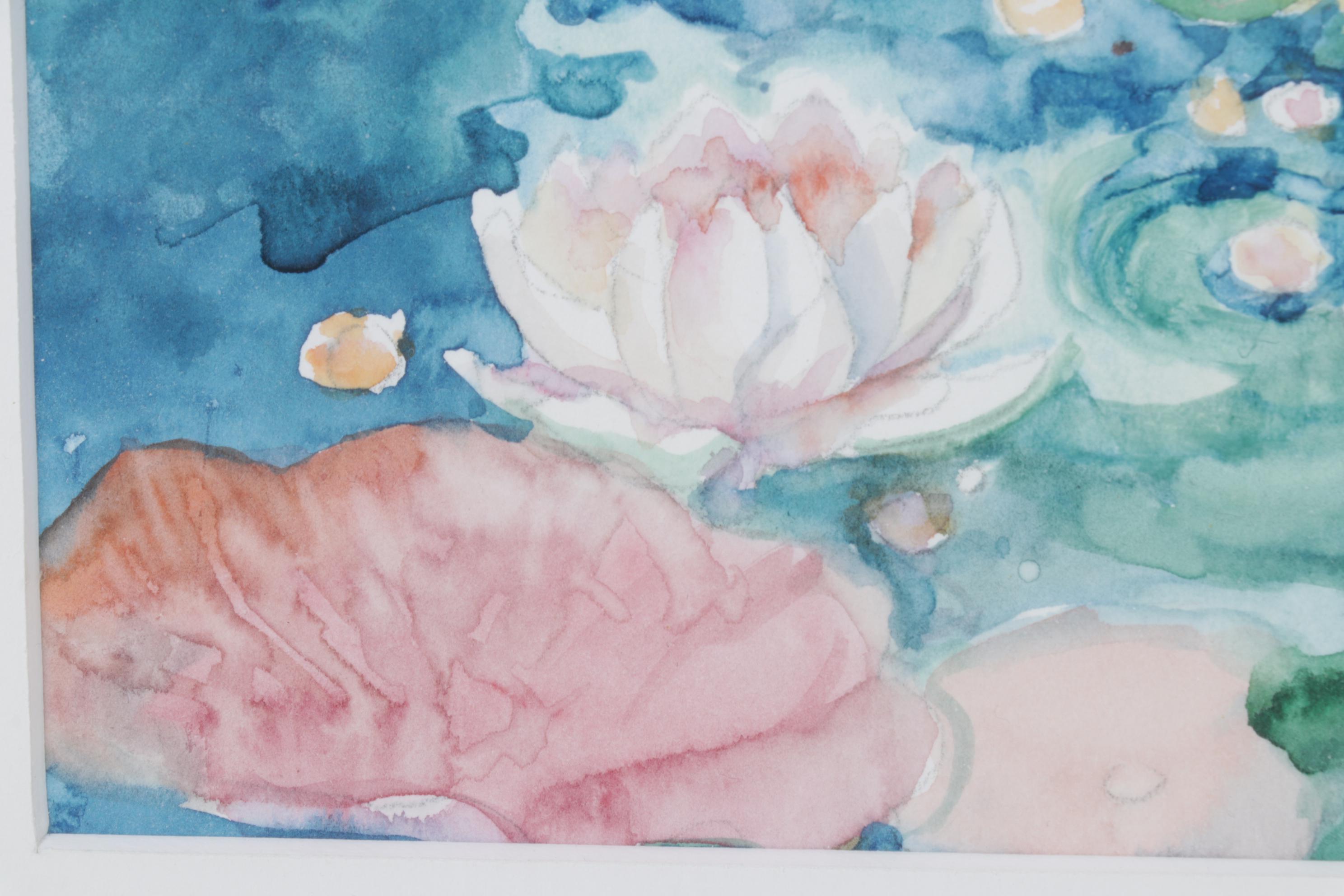 Betty Neubauer Watercolor Painting of Water Lilies Floating in Pond