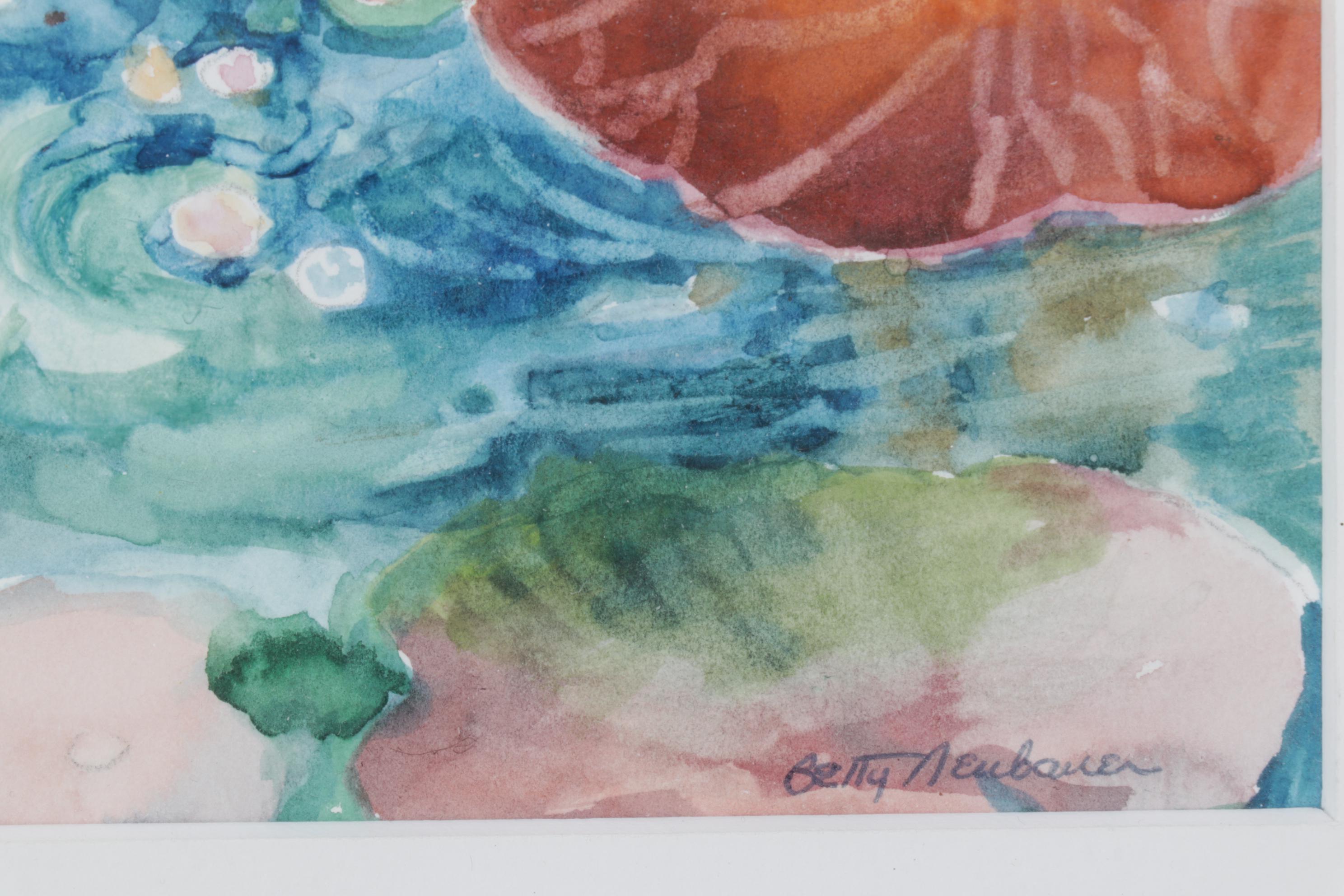 Betty Neubauer Watercolor Painting of Water Lilies Floating in Pond