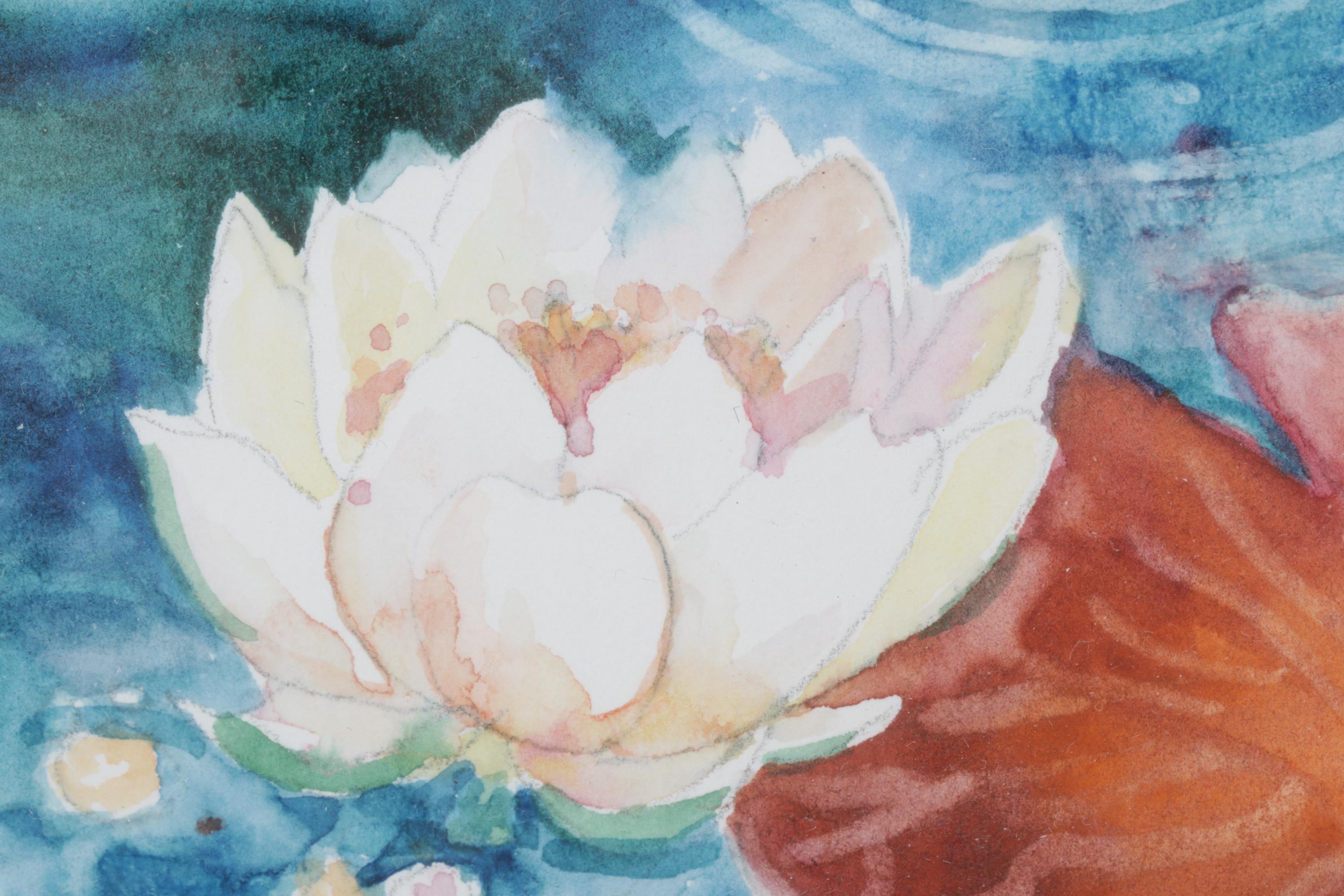 Betty Neubauer Watercolor Painting of Water Lilies Floating in Pond