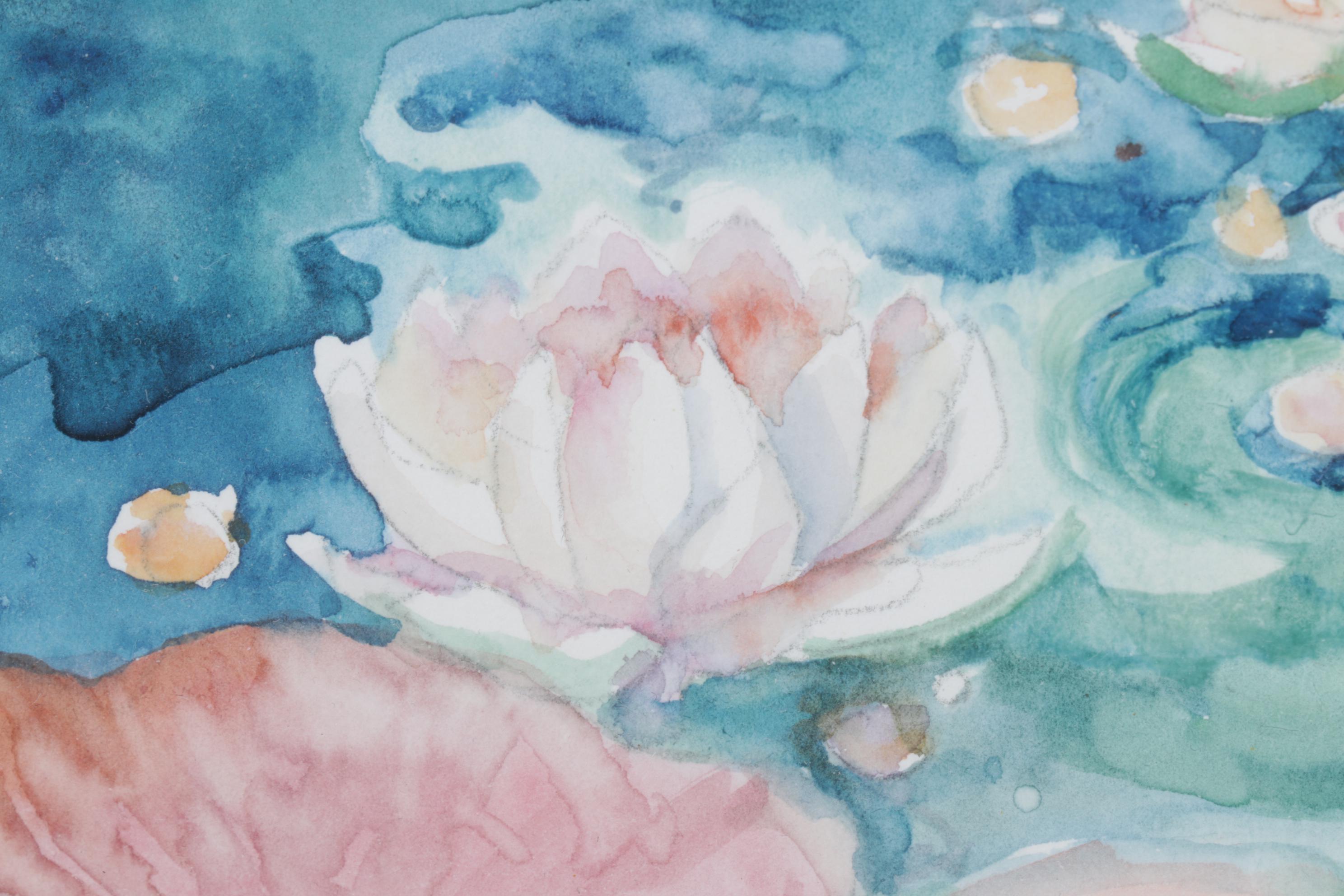 Betty Neubauer Watercolor Painting of Water Lilies Floating in Pond