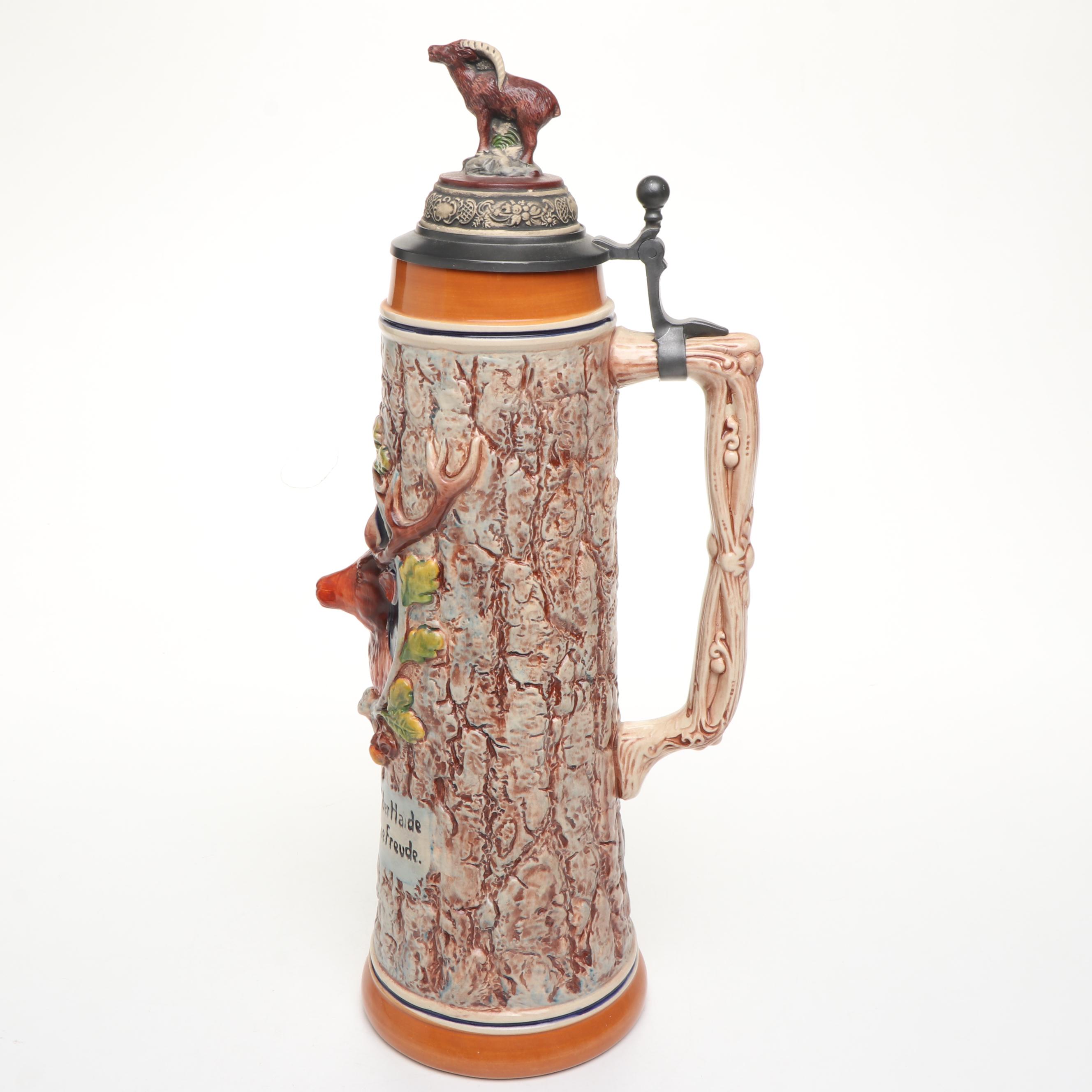 Gerz 2L Stoneware Beer Stein with Stag Head and Ram, 1957