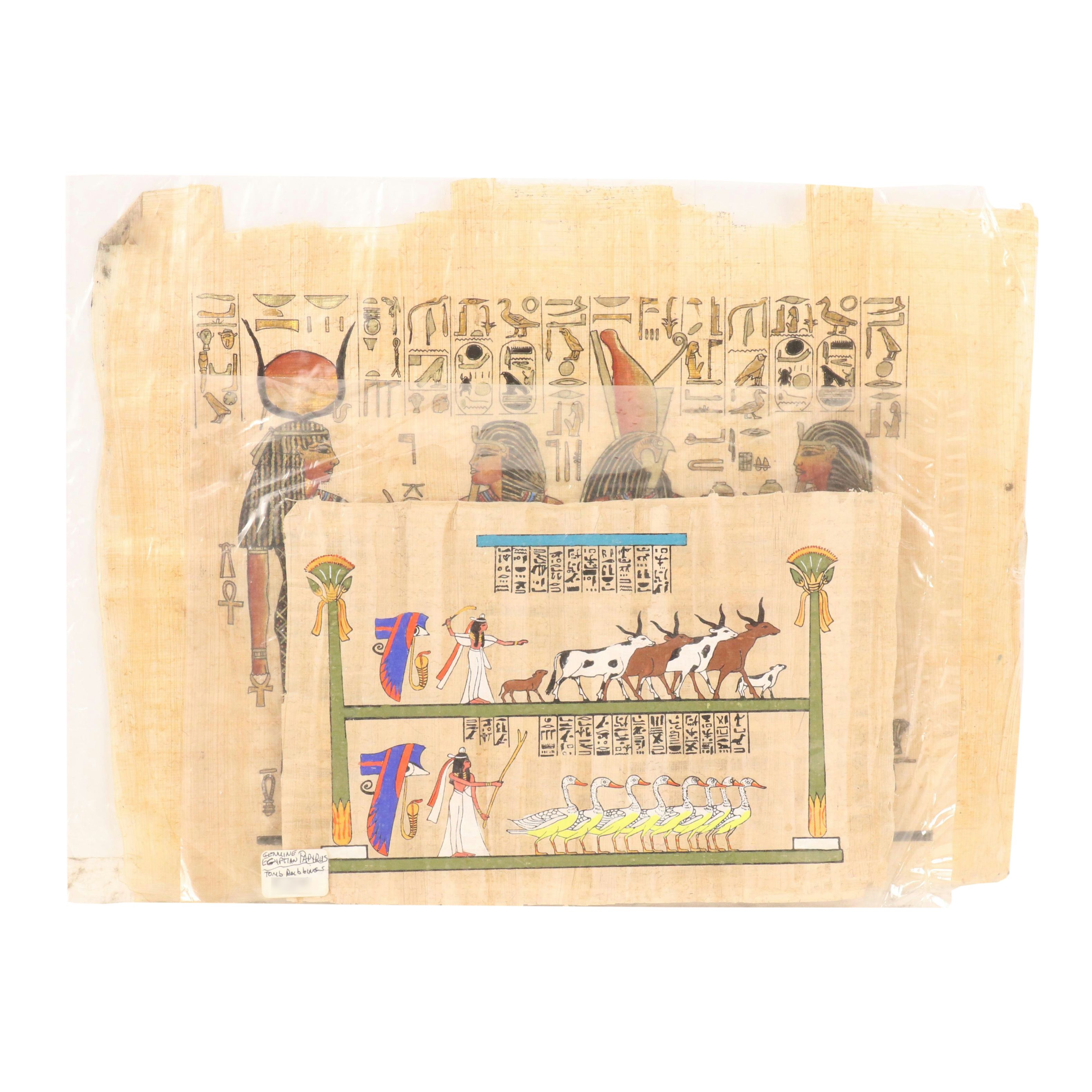 Egyptian Souvenir Gouache Paintings on Papyrus of Hathor, Horus, and More