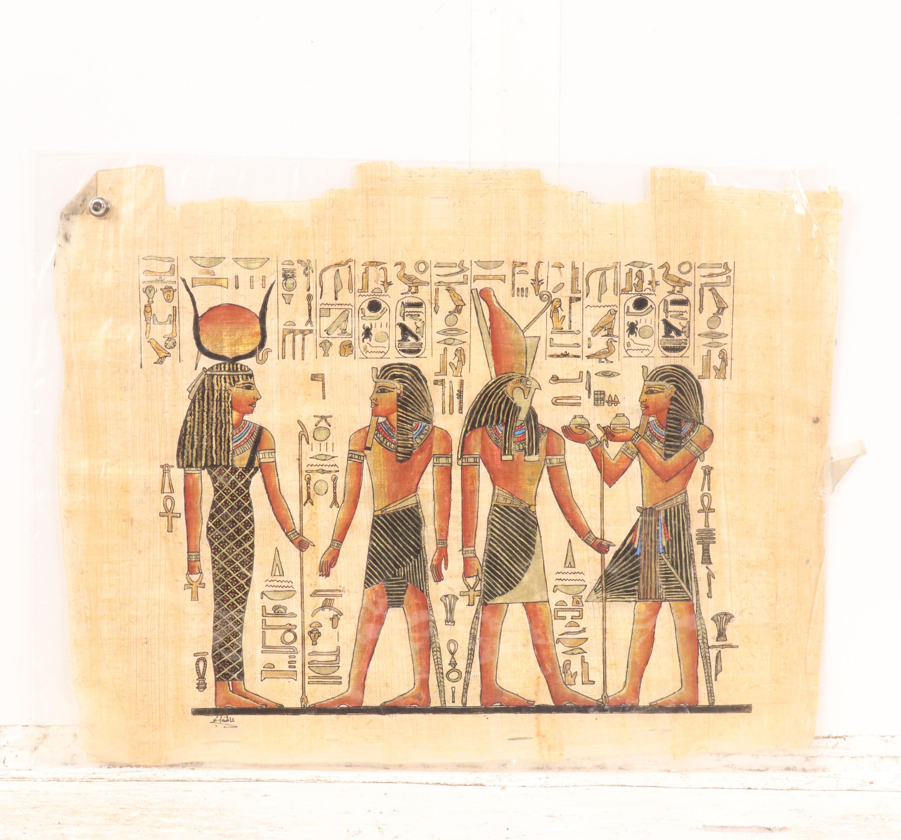 Egyptian Souvenir Gouache Paintings on Papyrus of Hathor, Horus, and More