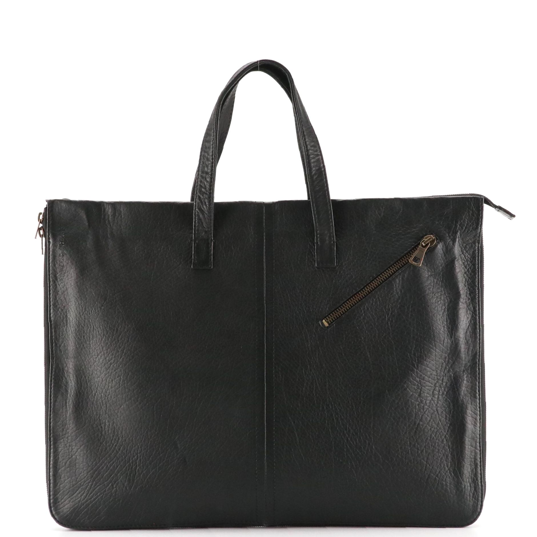 Emporio Armani Large Zip-Around Work Bag in Black Grained Leather