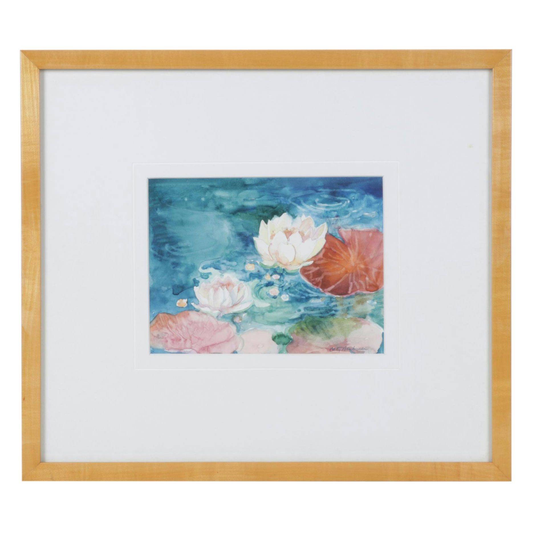 Betty Neubauer Watercolor Painting of Water Lilies Floating in Pond
