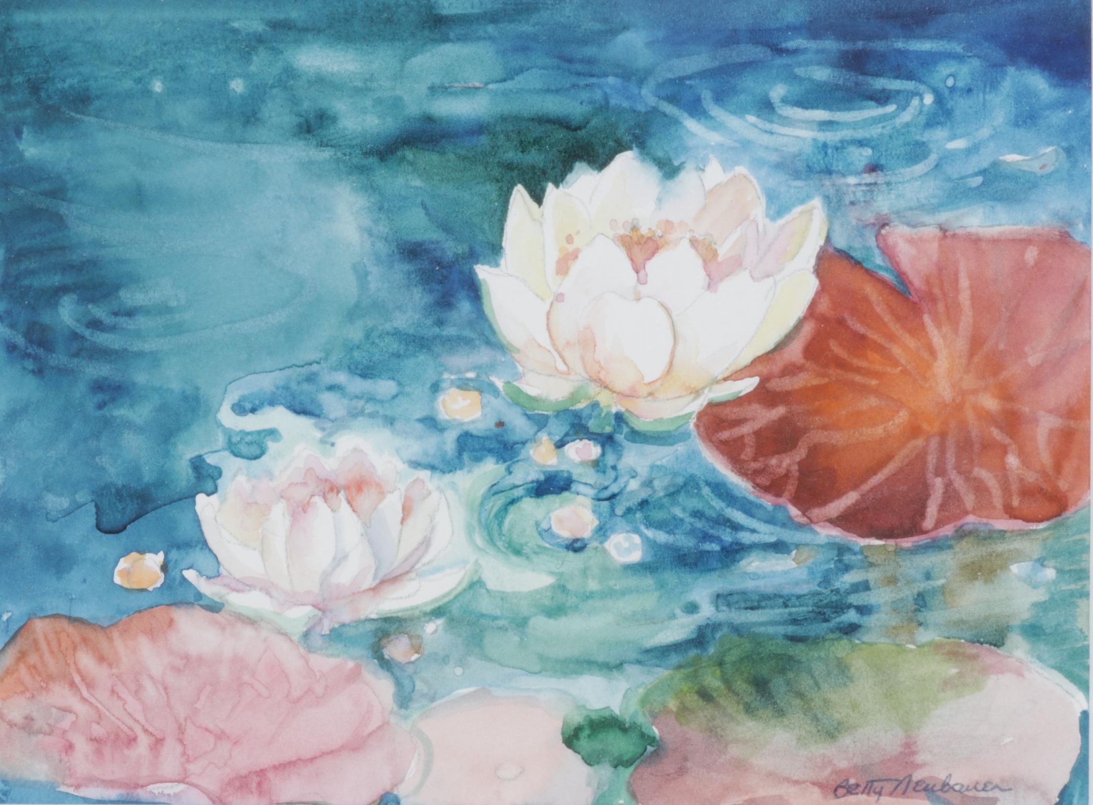 Betty Neubauer Watercolor Painting of Water Lilies Floating in Pond