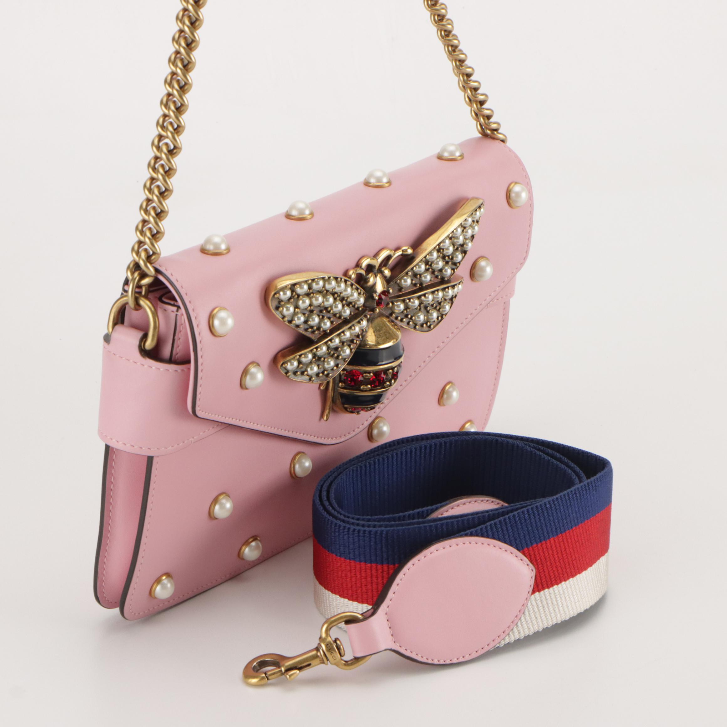 Gucci Queen Margaret Broadway Bee Embellished 2Way Bag in Pink Calfskin Leather