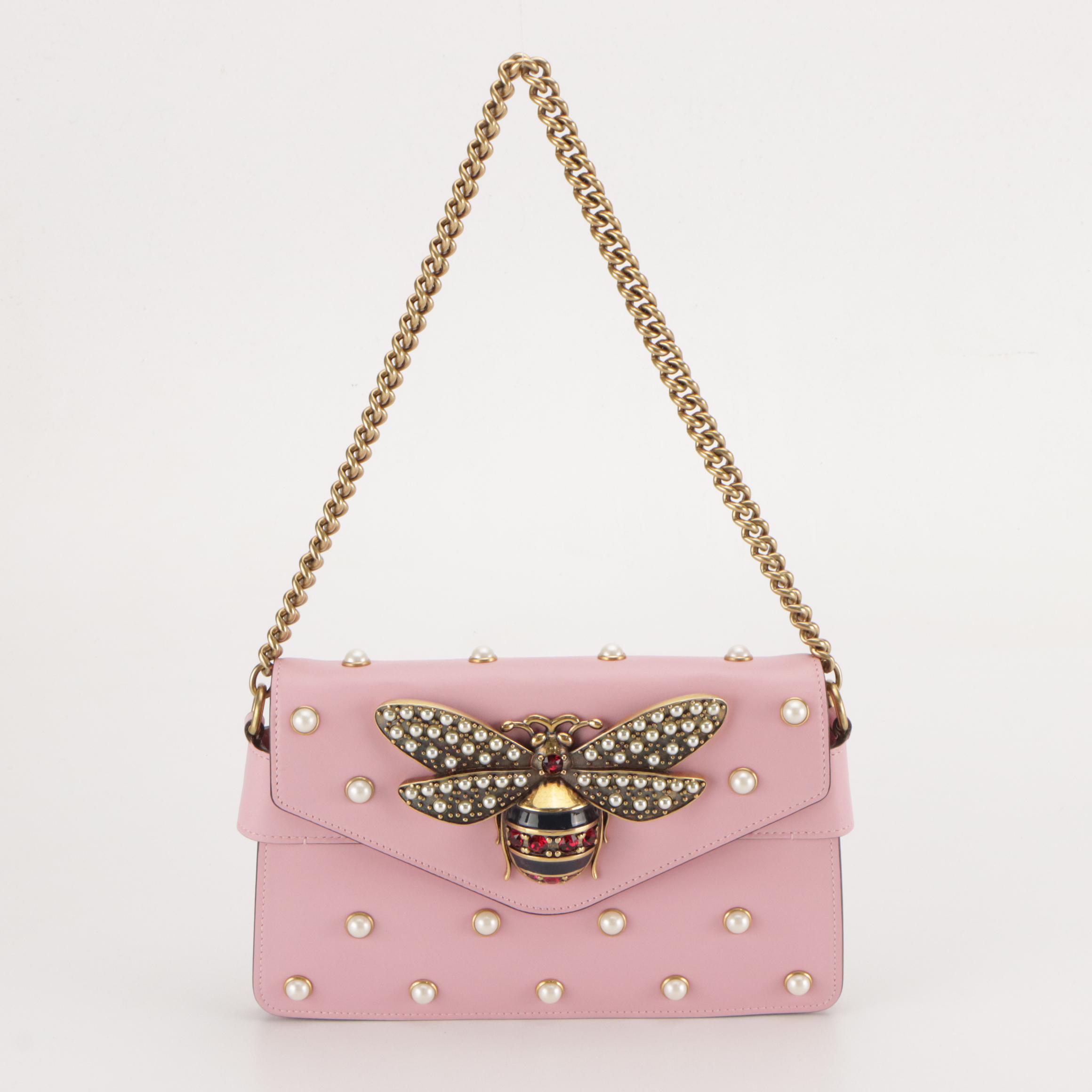 Gucci Queen Margaret Broadway Bee Embellished 2Way Bag in Pink Calfskin Leather