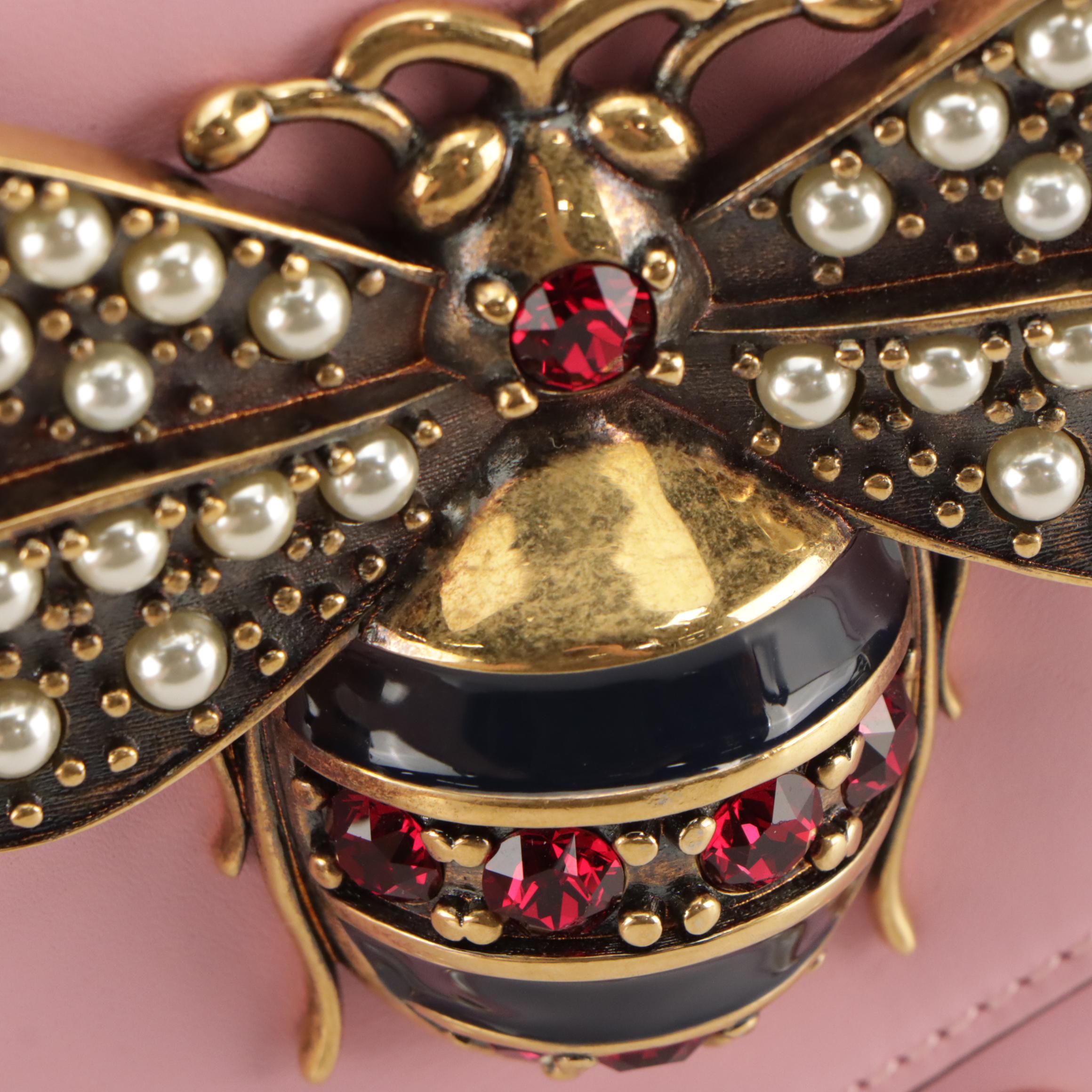 Gucci Queen Margaret Broadway Bee Embellished 2Way Bag in Pink Calfskin Leather