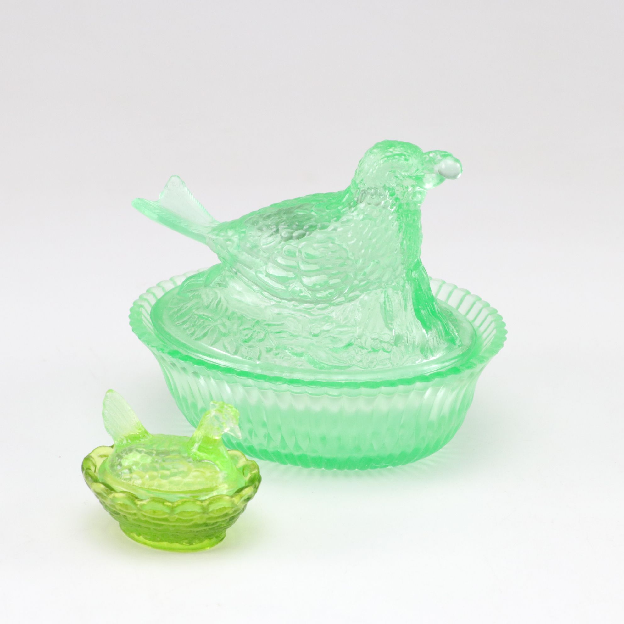 Uranium Glass Hen on Nest & Bird on Nest Covered Condiment Dishes