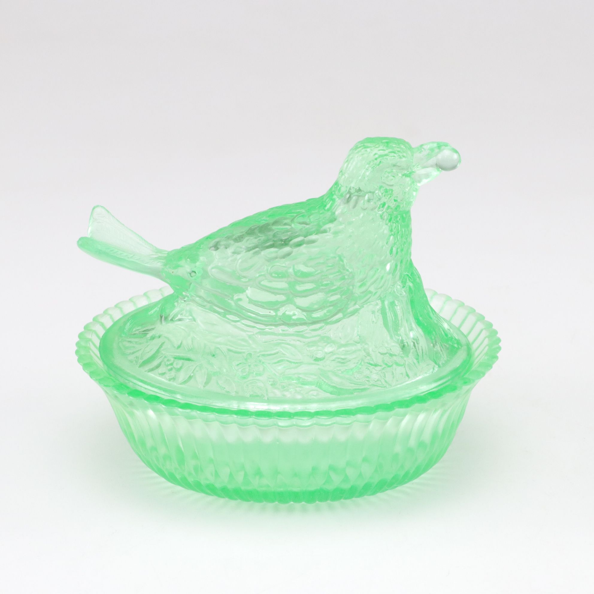Uranium Glass Hen on Nest & Bird on Nest Covered Condiment Dishes