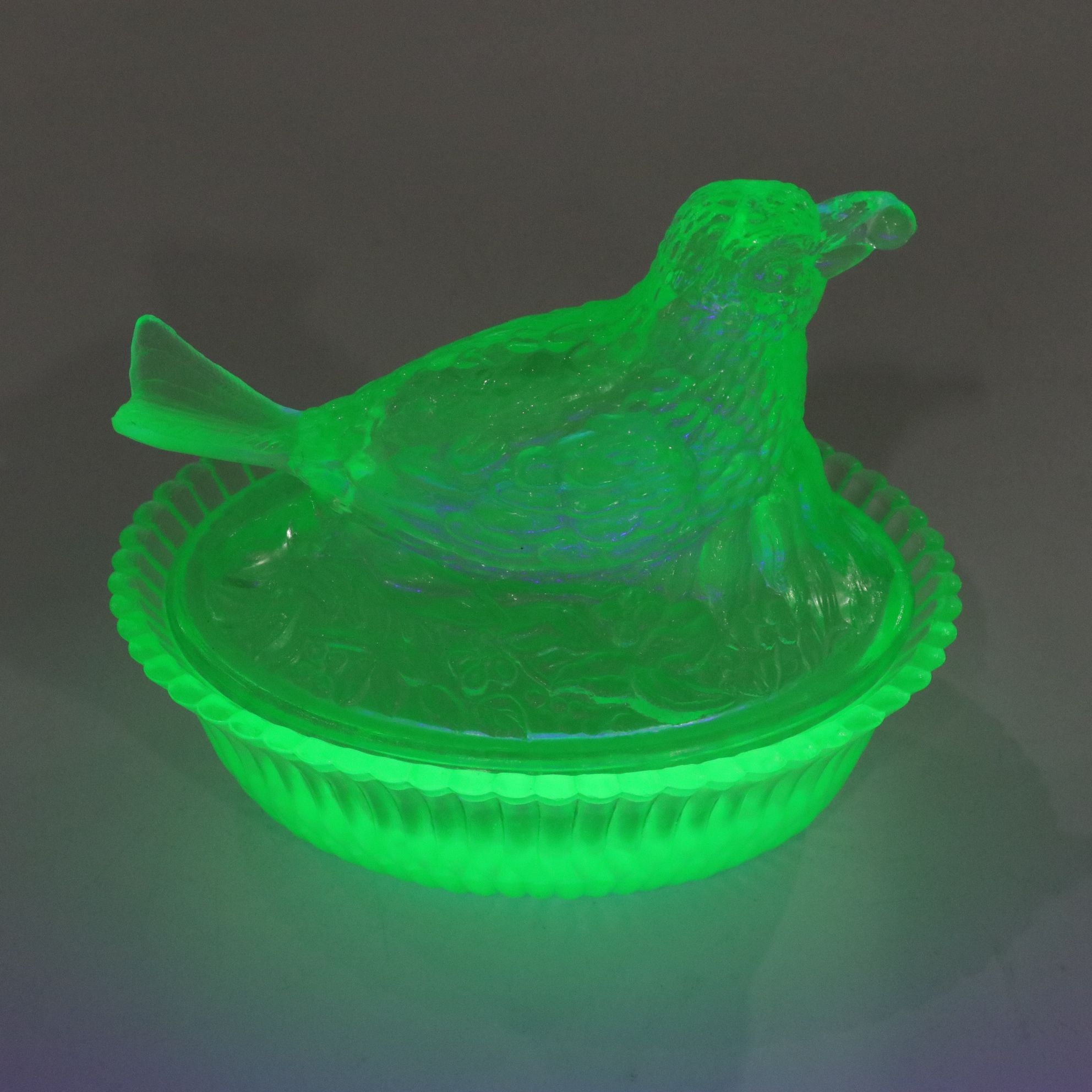 Uranium Glass Hen on Nest & Bird on Nest Covered Condiment Dishes