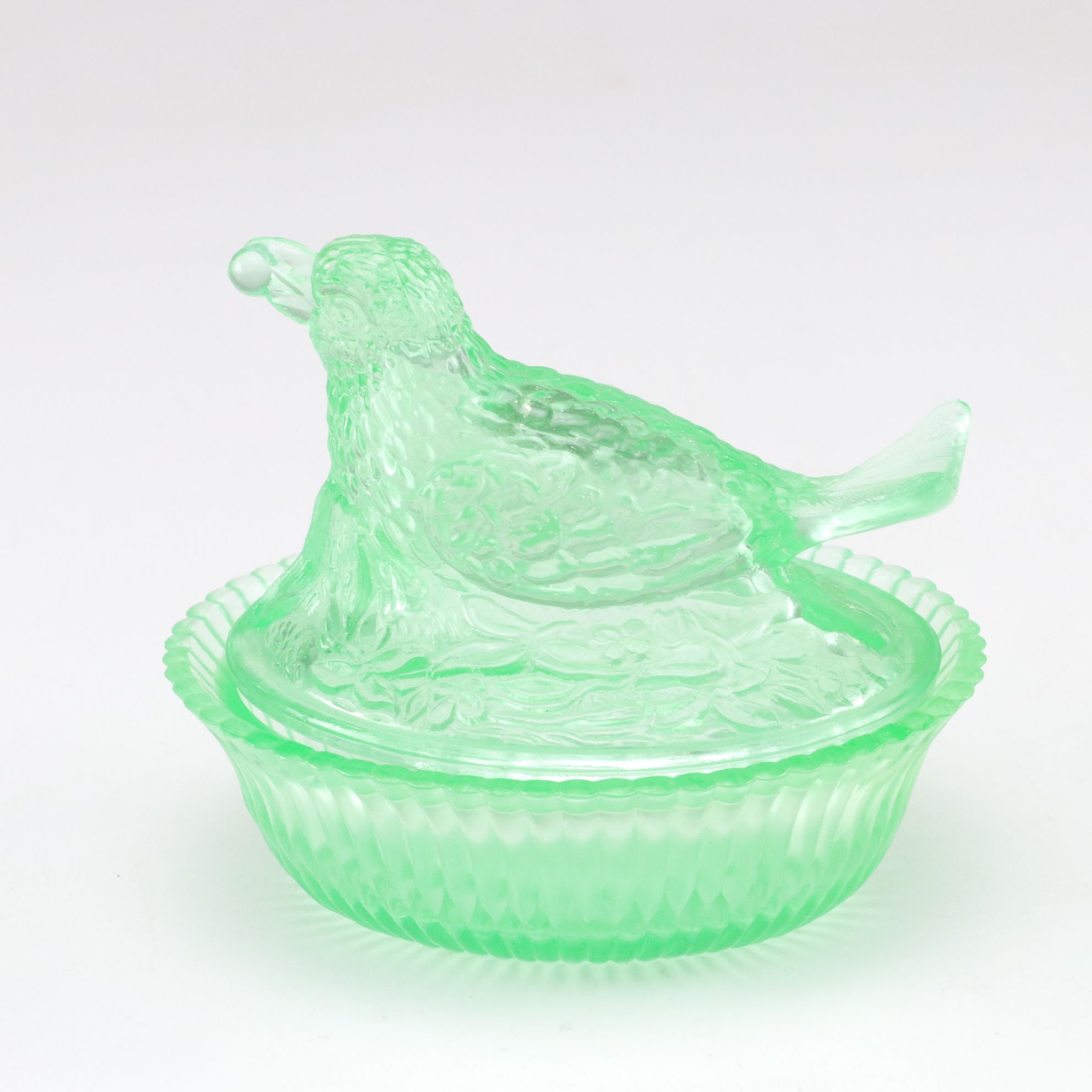 Uranium Glass Hen on Nest & Bird on Nest Covered Condiment Dishes