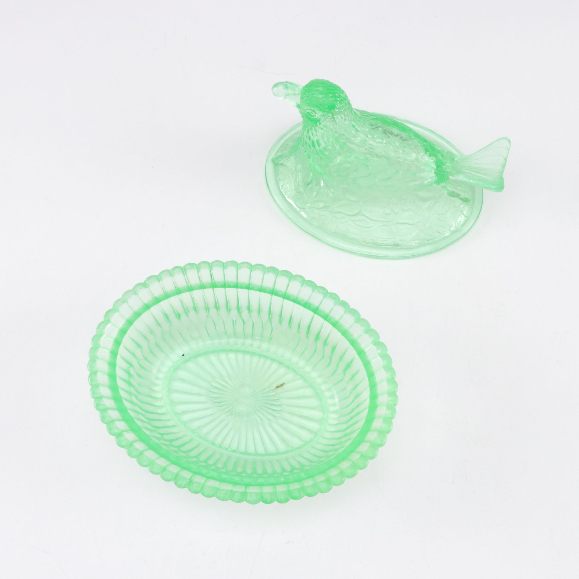 Uranium Glass Hen on Nest & Bird on Nest Covered Condiment Dishes