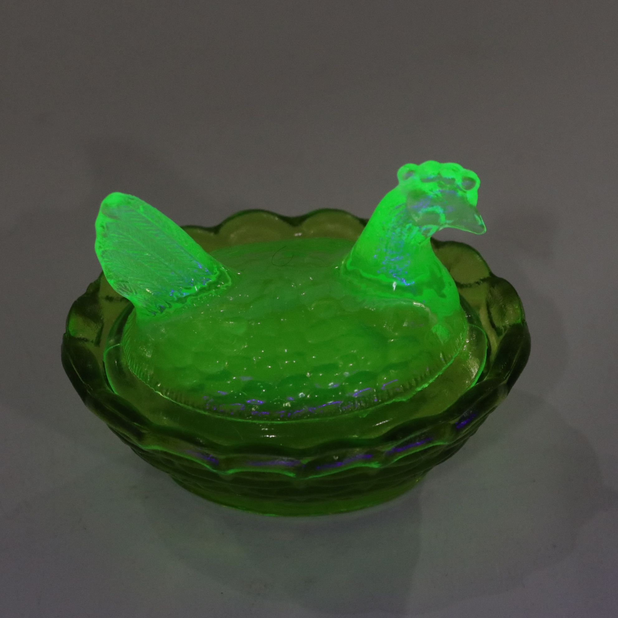 Uranium Glass Hen on Nest & Bird on Nest Covered Condiment Dishes