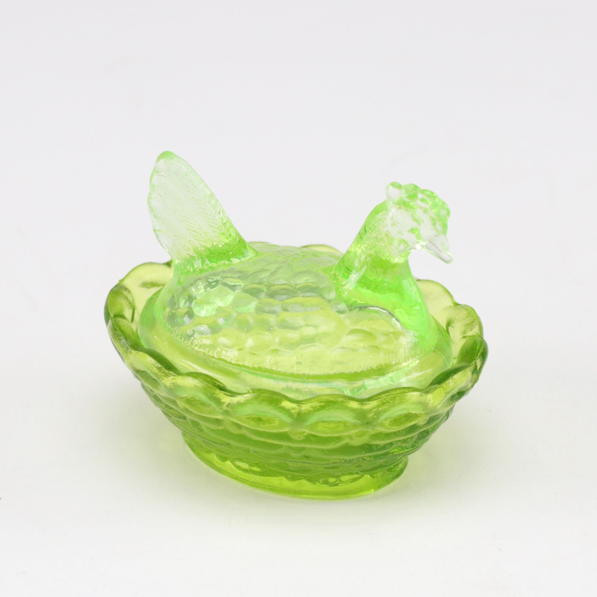 Uranium Glass Hen on Nest & Bird on Nest Covered Condiment Dishes