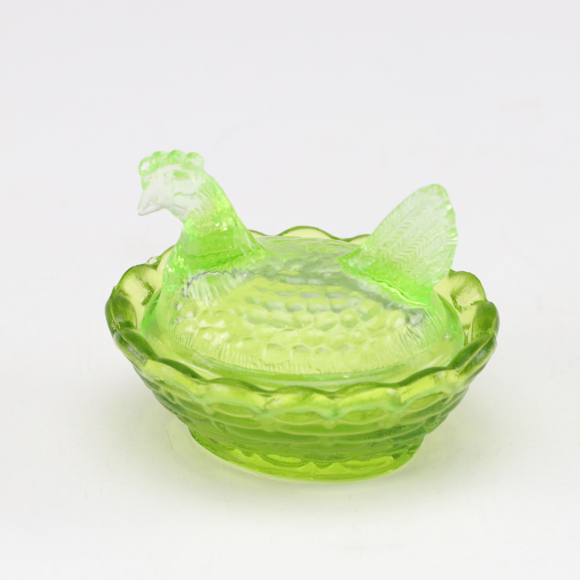 Uranium Glass Hen on Nest & Bird on Nest Covered Condiment Dishes